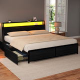 Beds & Bed Frames: Artiss Metal Bed Frame King Size Storage Headboard Charge Station LED 4 Drawers