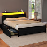 Beds & Bed Frames: Artiss Metal Bed Frame Queen Size Storage Headboard Charge Station LED 4 Drawers