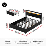 Beds & Bed Frames: Artiss Metal Bed Frame Queen Size Storage Headboard Charge Station LED 4 Drawers
