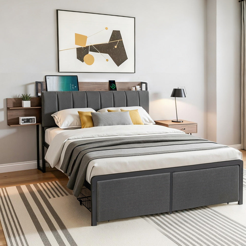 Beds & Bed Frames: Artiss Metal Bed Frame Double Size with 2-Tier Hidden Storage with Charging Station