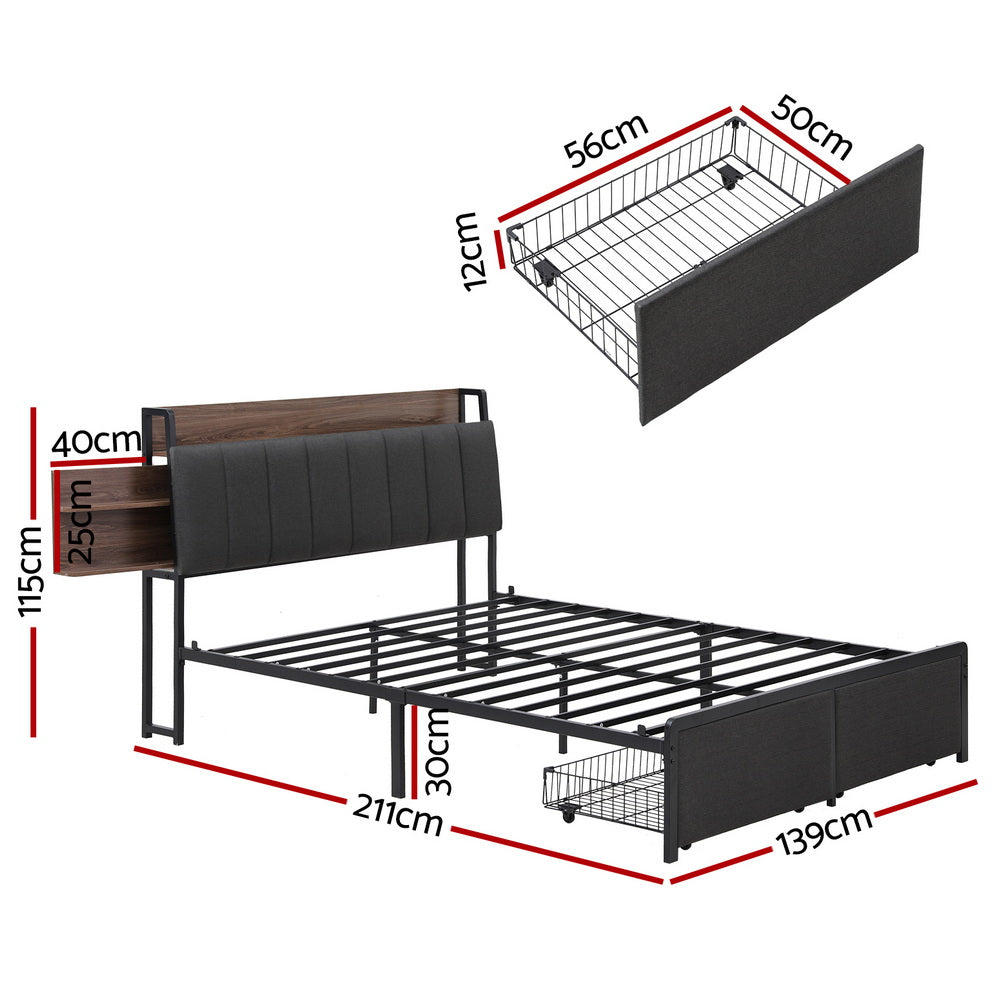 Beds & Bed Frames: Artiss Metal Bed Frame Double Size with 2-Tier Hidden Storage with Charging Station