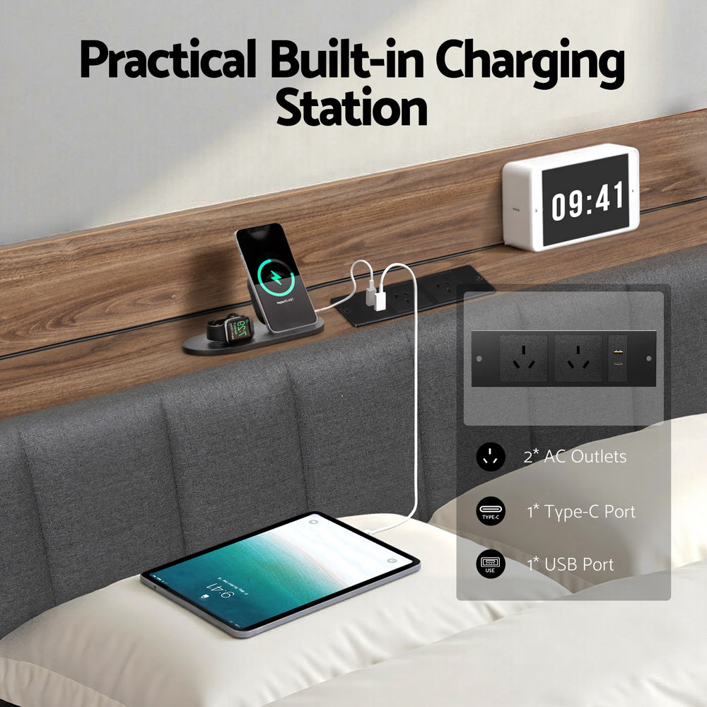 Beds & Bed Frames: Artiss Metal Bed Frame Double Size with 2-Tier Hidden Storage with Charging Station