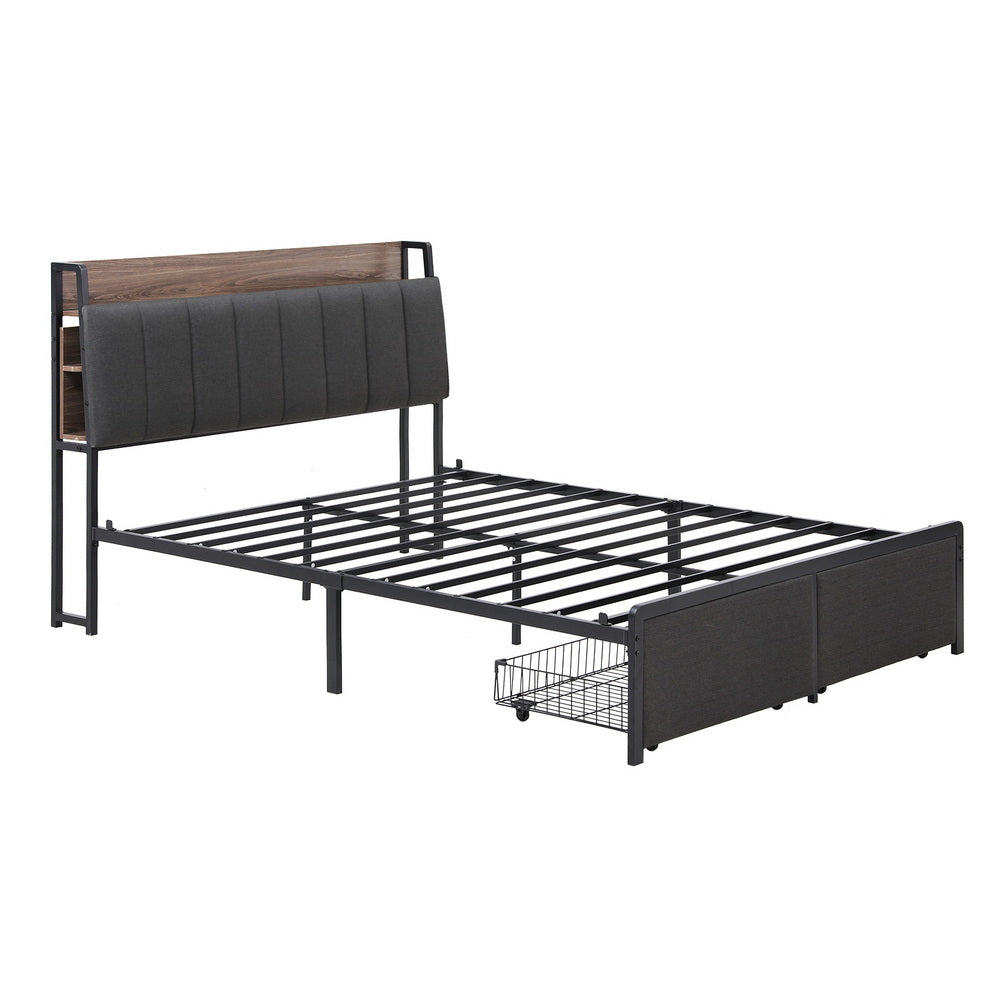 Beds & Bed Frames: Artiss Metal Bed Frame Double Size with 2-Tier Hidden Storage with Charging Station