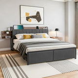 Beds & Bed Frames: Artiss Metal Bed Frame King Size with 2-Tier Hidden Storage with Charging Station