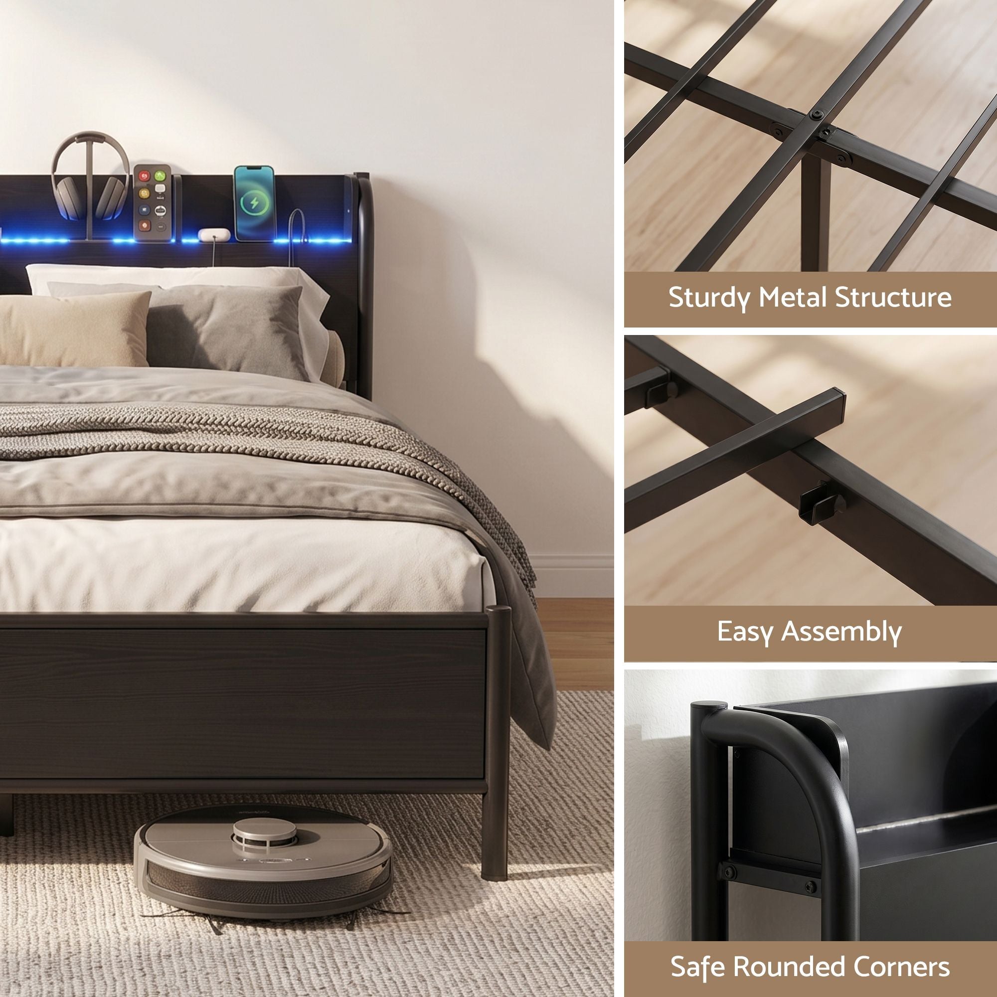 Artiss Bed Frame Queen Size with Storage Shelf Headboard Charging Station GRID
