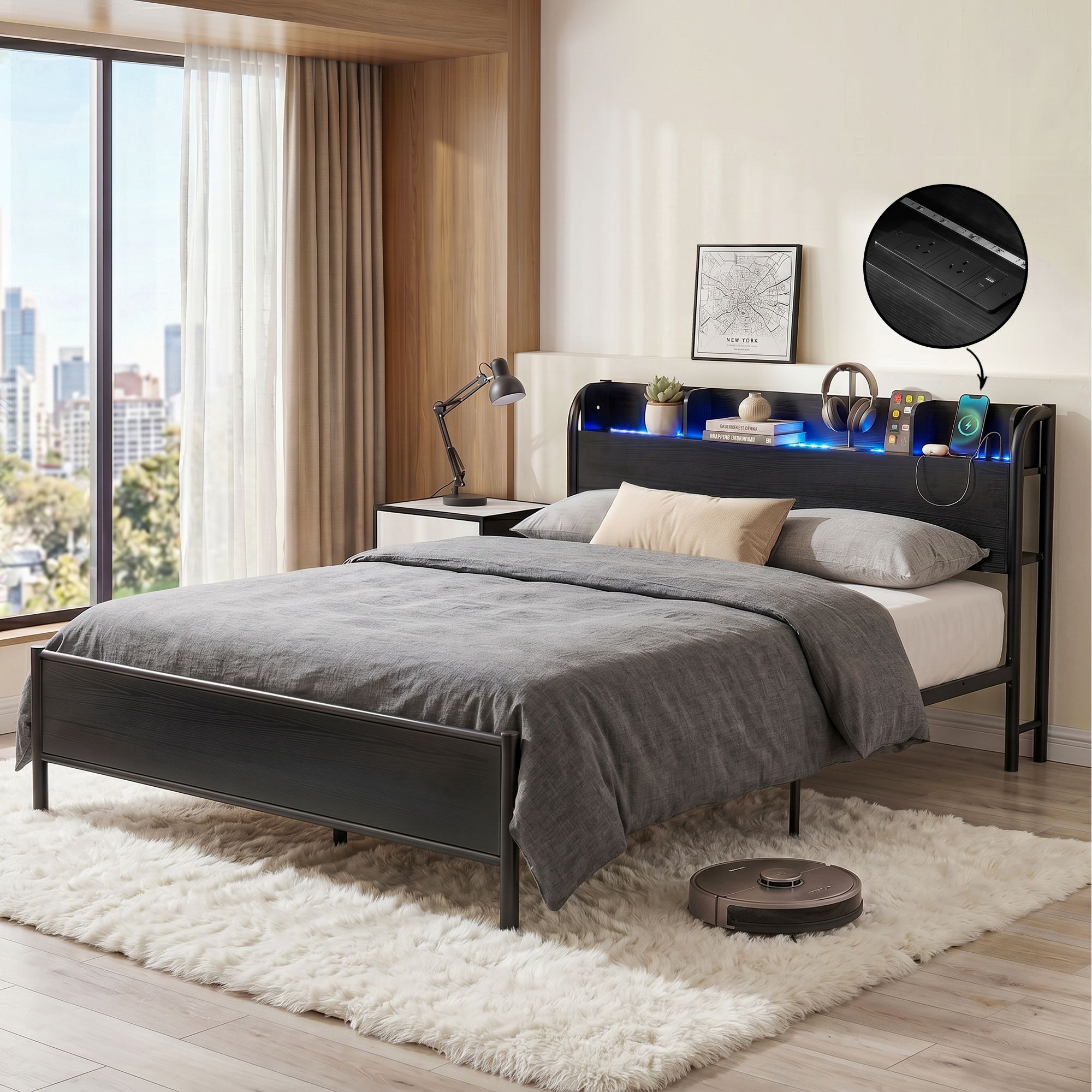 Artiss Bed Frame Queen Size with Storage Shelf Headboard Charging Station GRID