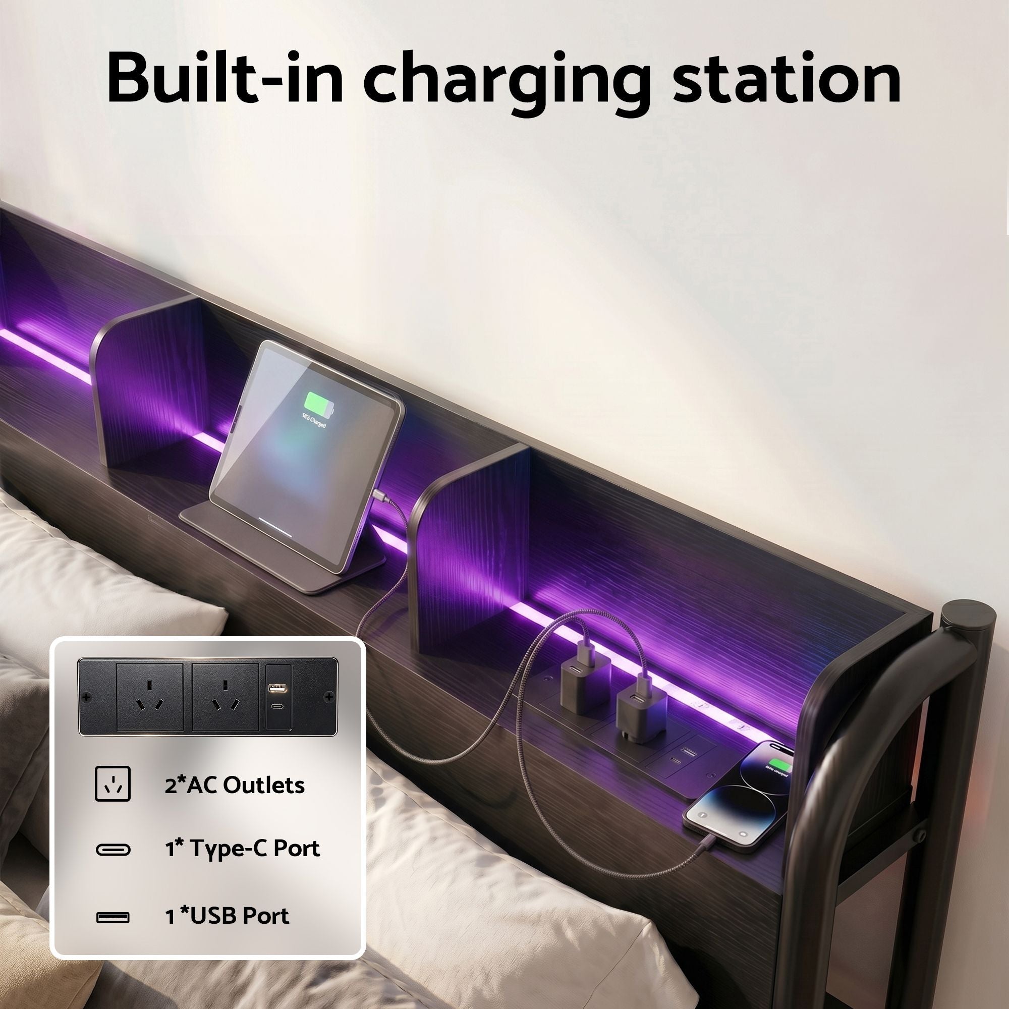 Artiss Bed Frame Single Size with Storage Shelf Headboard Charging Station GRID