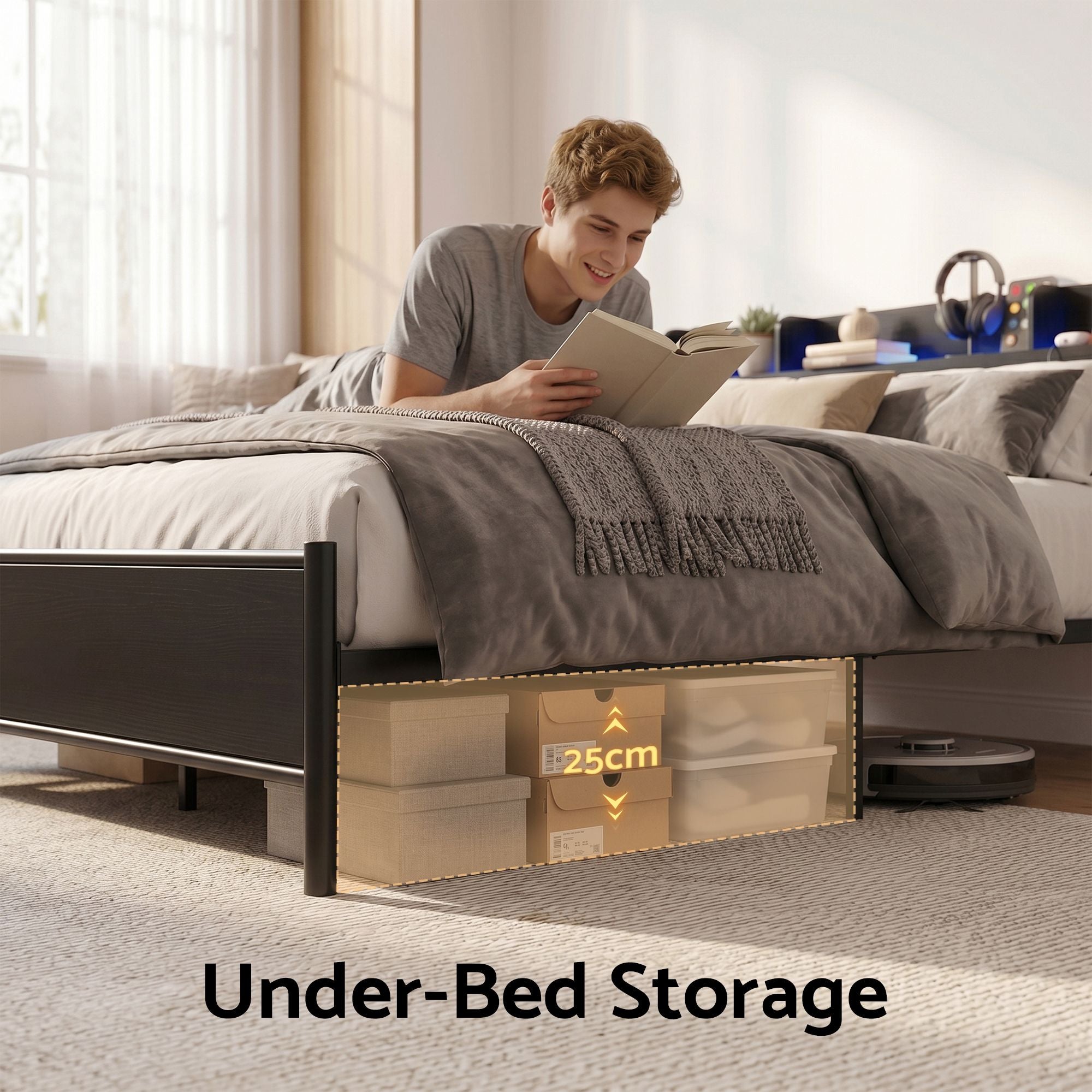 Artiss Bed Frame Single Size with Storage Shelf Headboard Charging Station GRID