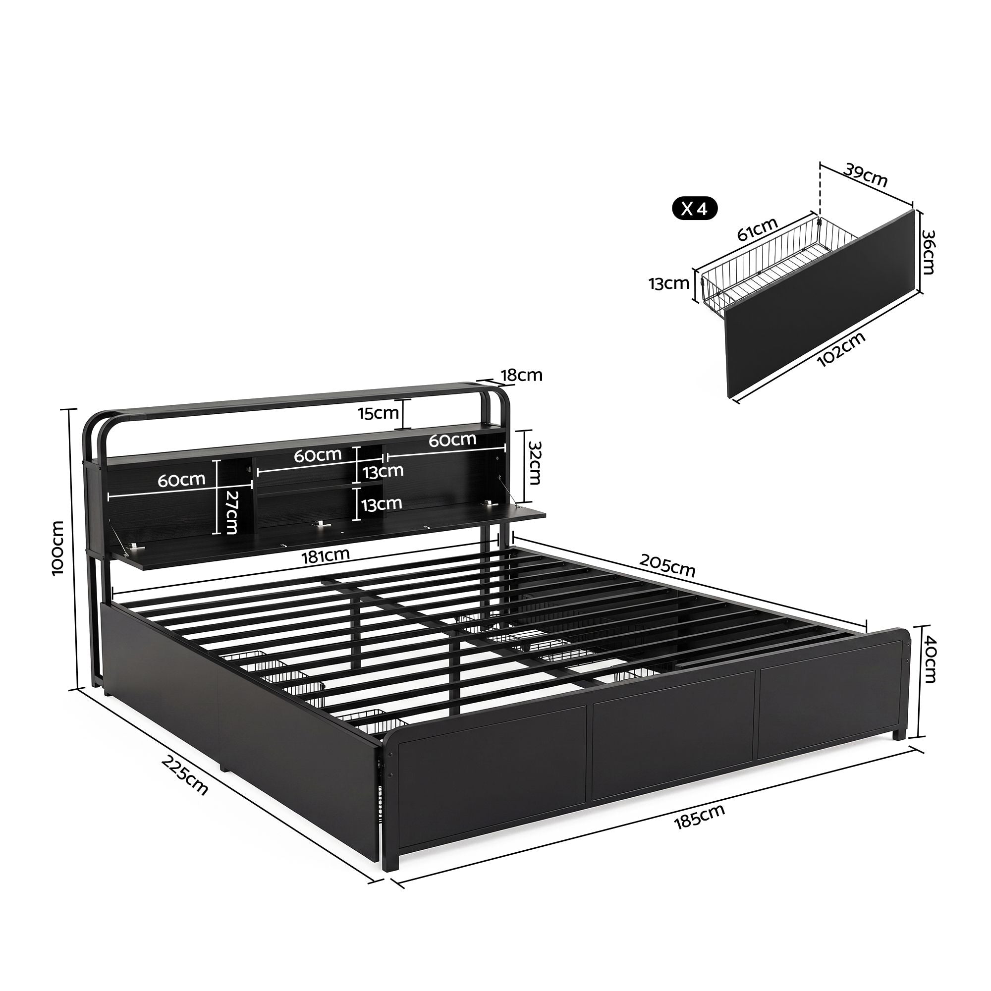 Artiss King Metal Bed Frame 4 Drawers Hidden Storage Headboard HEDY