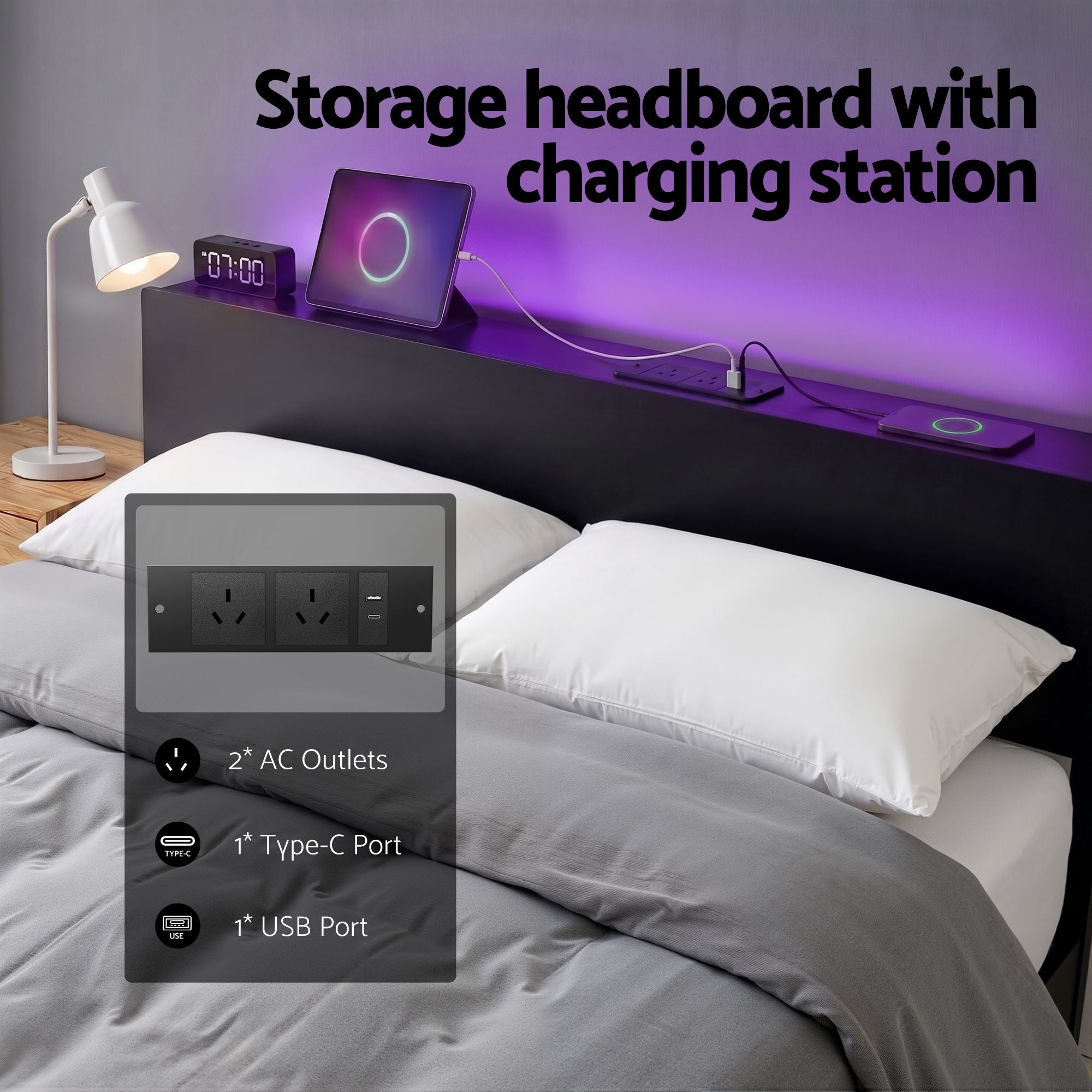 Artiss Bed Frame Queen Size LED Metal Bed Base with Charging Station LAN