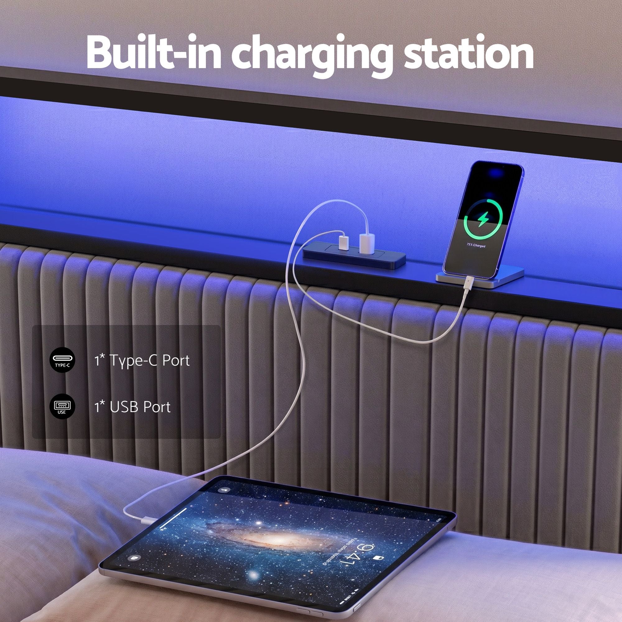 Artiss Metal Bed Frame Queen Size LED Charging Station 2 Drawers