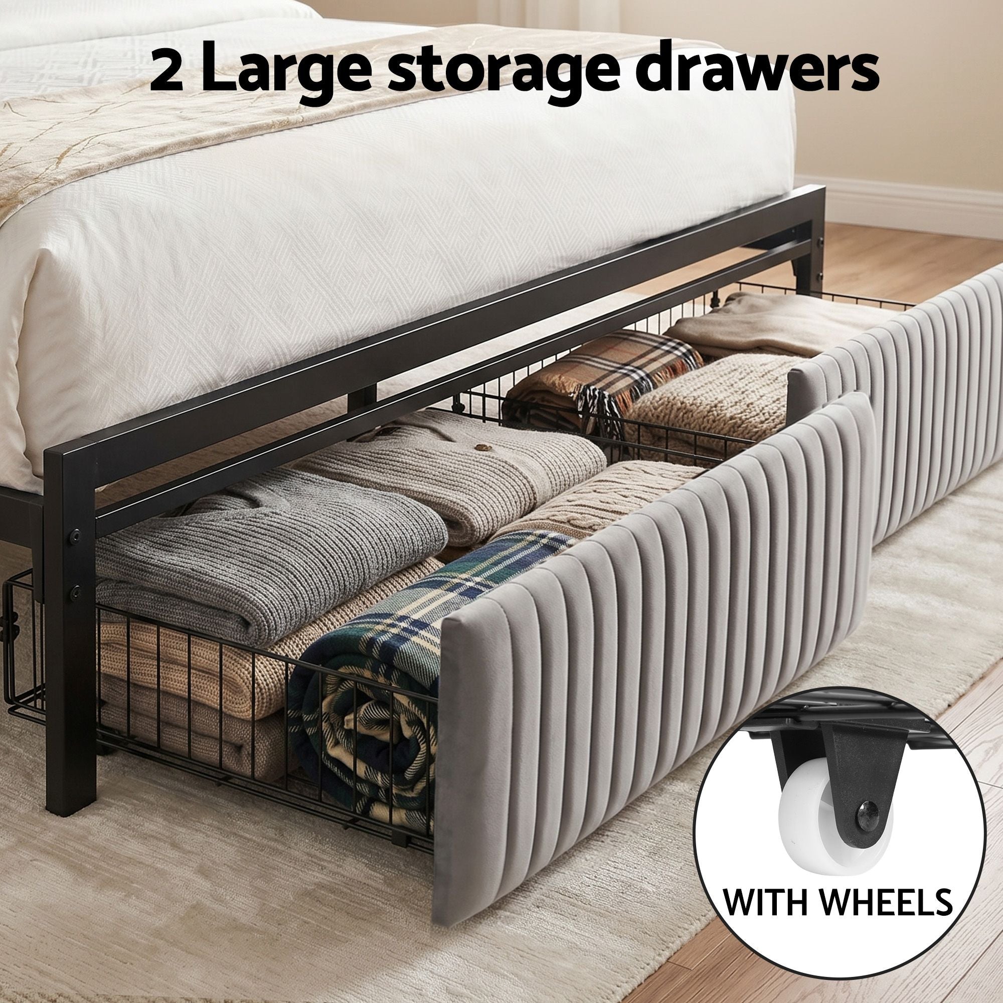 Artiss Metal Bed Frame Queen Size LED Charging Station 2 Drawers