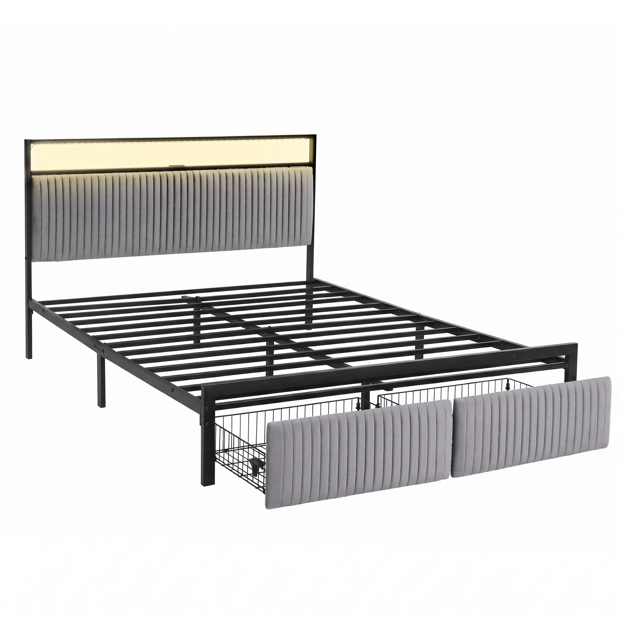 Artiss Metal Bed Frame Queen Size LED Charging Station 2 Drawers