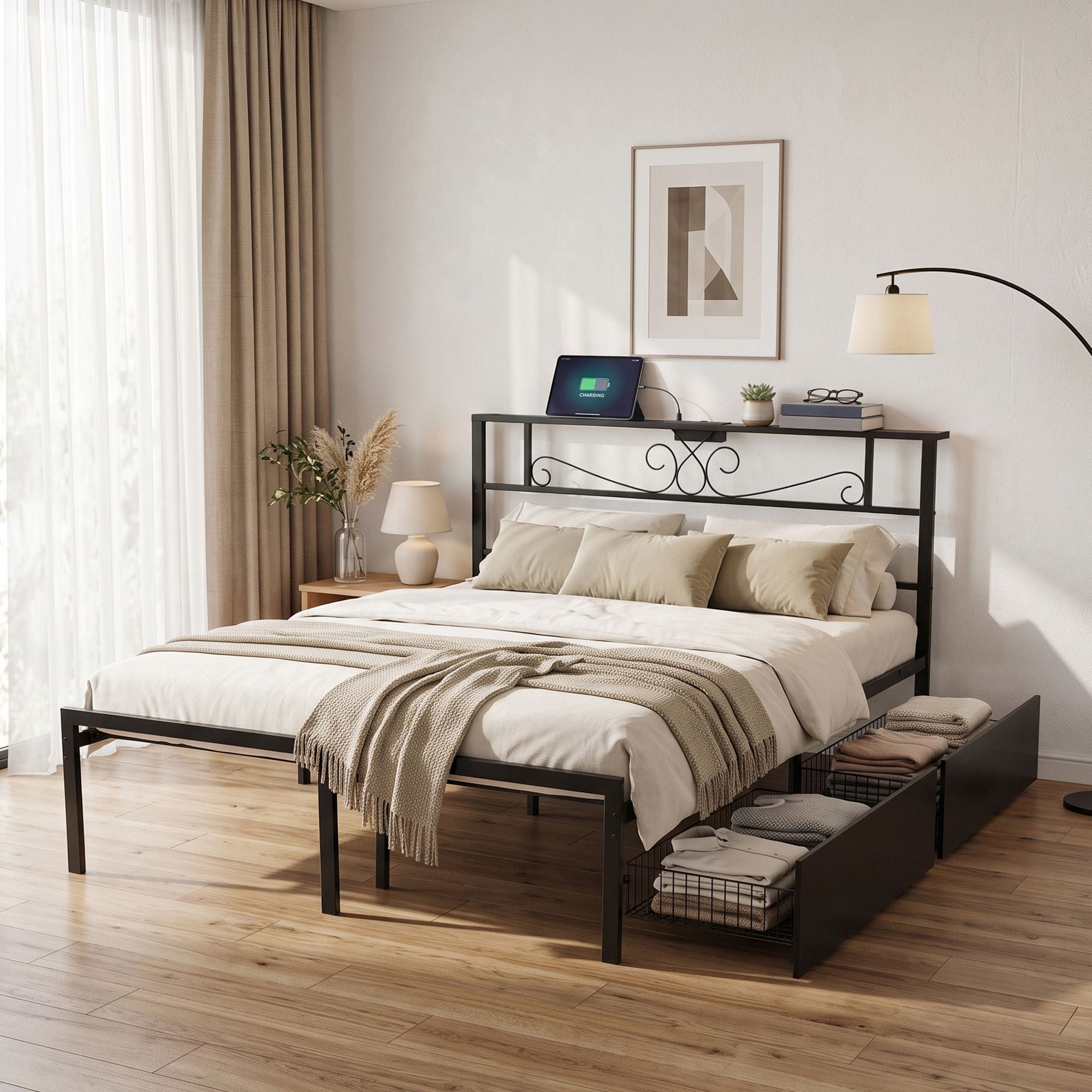 Artiss Queen Bed Frame with Charging Station & Storage Drawers Metal