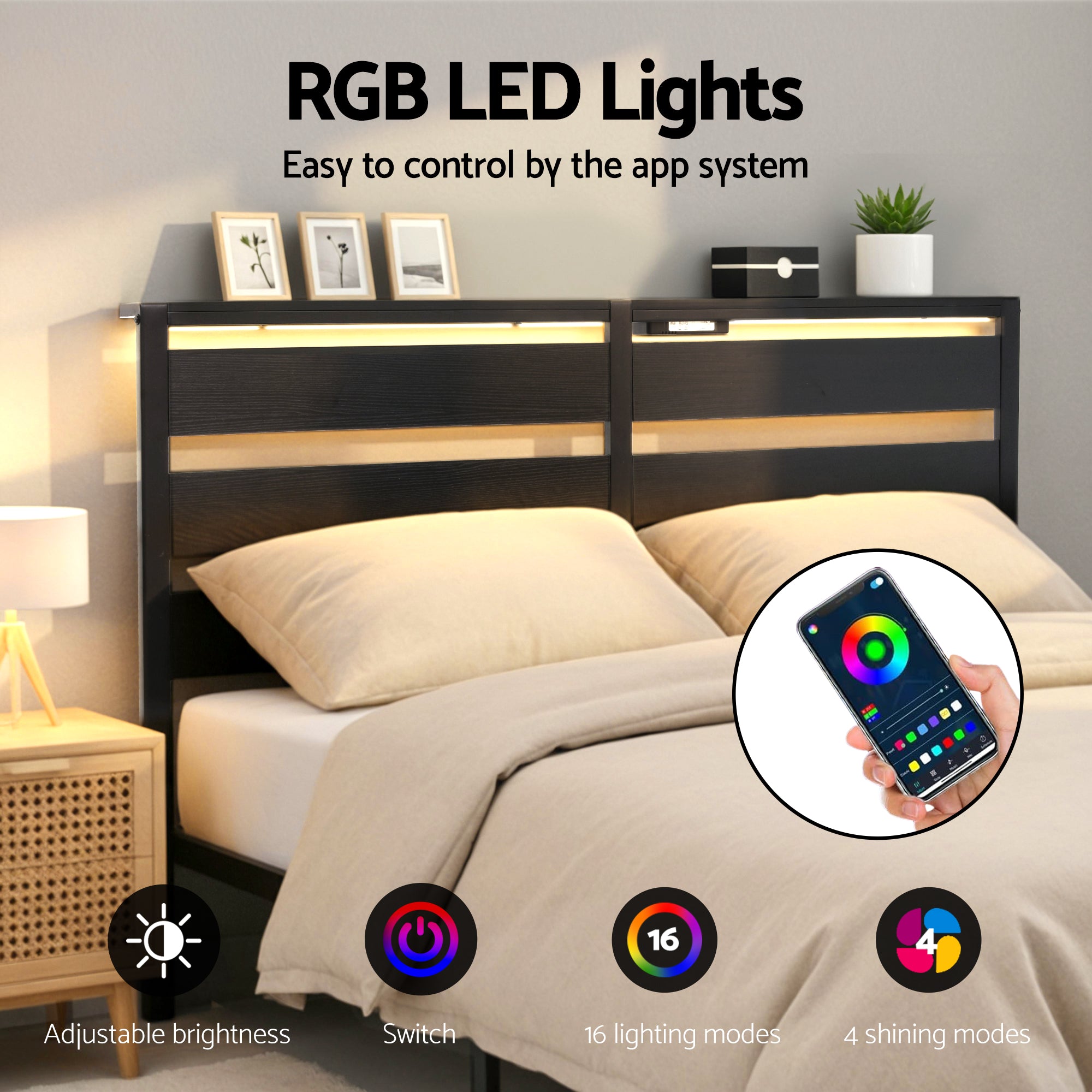 Beds & Bed Frames: Artiss Bed Frame Double Size LED Metal Bed Base with Charging Station
