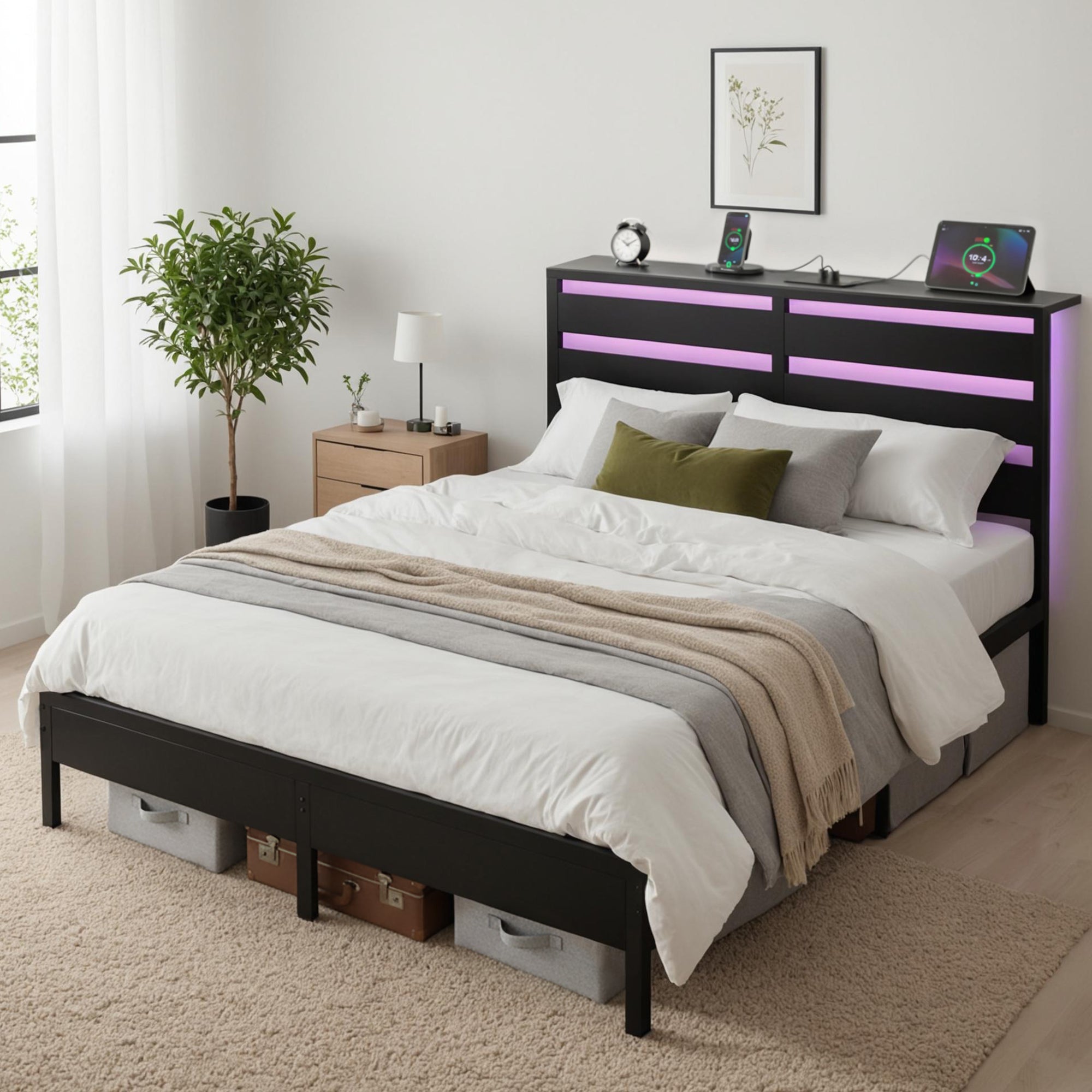 Beds & Bed Frames: Artiss Bed Frame Double Size LED Metal Bed Base with Charging Station