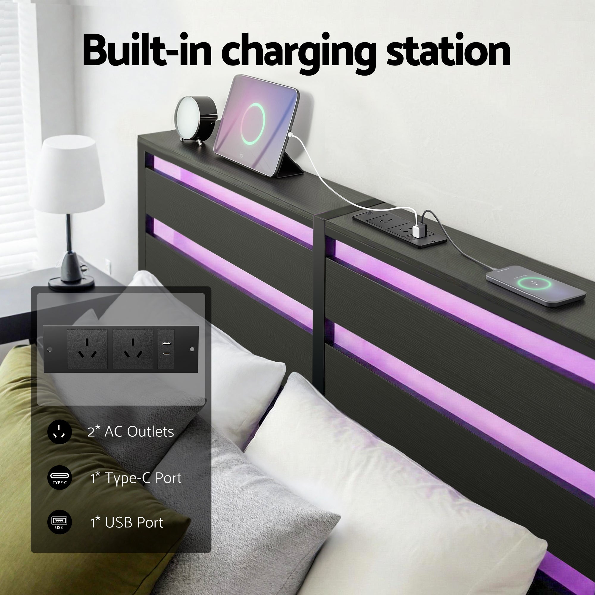 Beds & Bed Frames: Artiss Bed Frame Queen Size LED Metal Bed Base with Charging Station