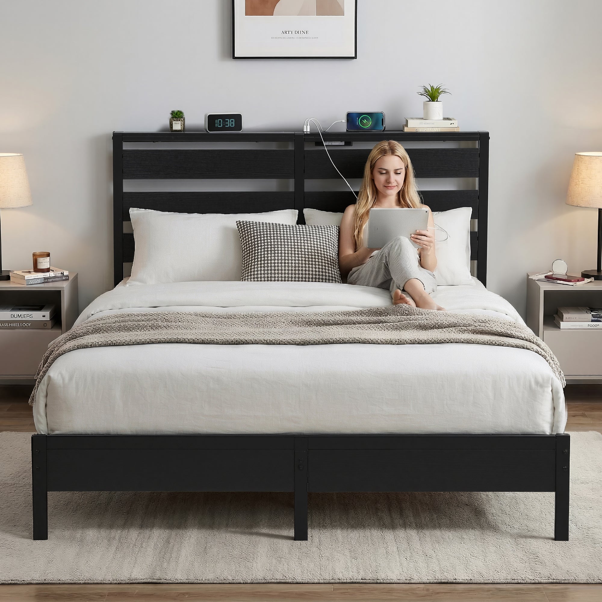 Beds & Bed Frames: Artiss Bed Frame Queen Size LED Metal Bed Base with Charging Station