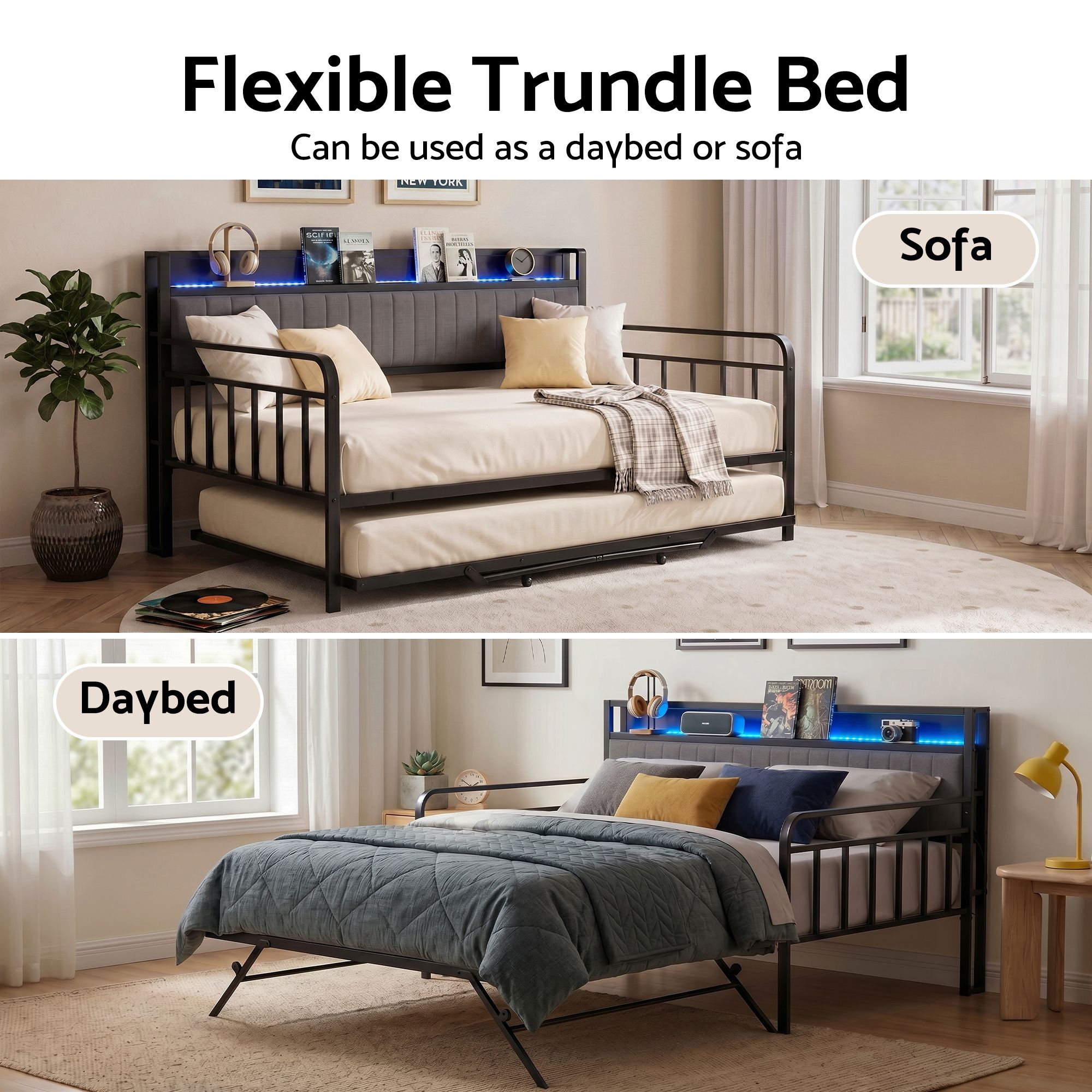 Artiss Bed Frame Double LED Metal Trundle Daybed with Charging Station TURN