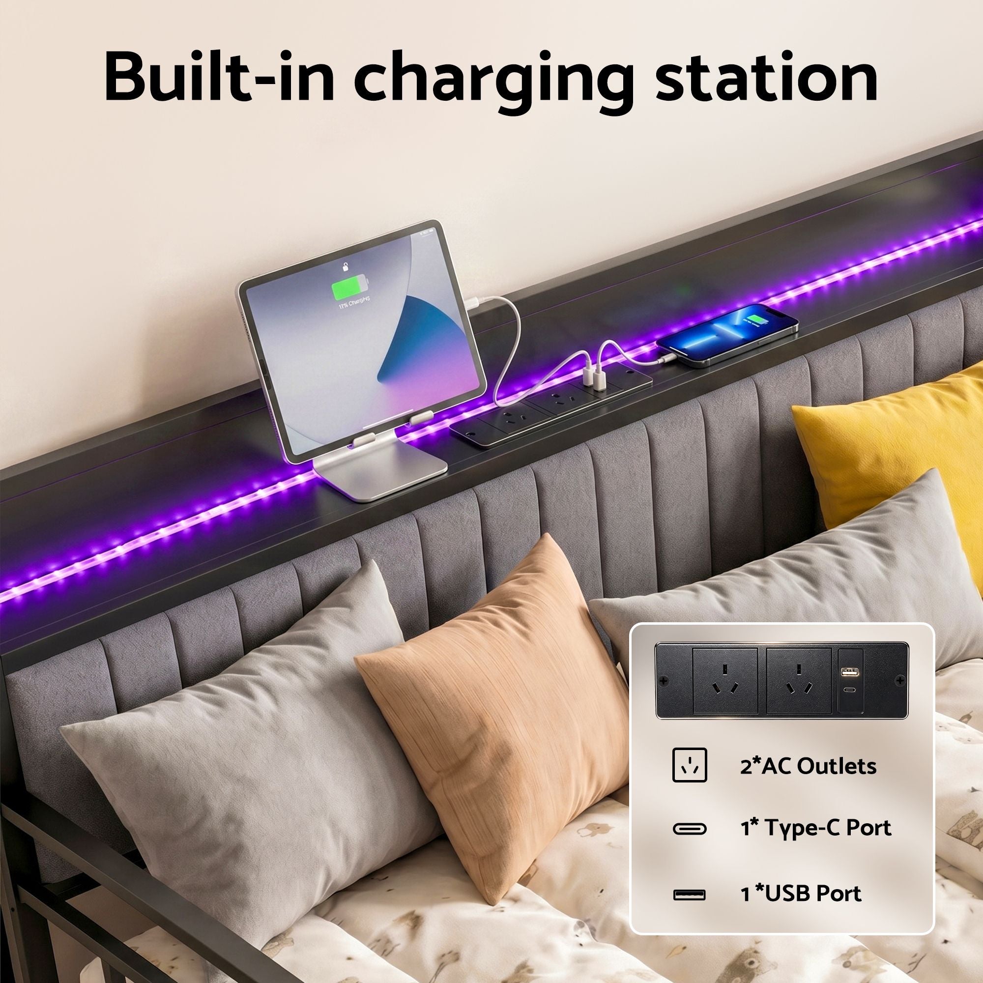 Artiss Bed Frame Double LED Metal Trundle Daybed with Charging Station TURN