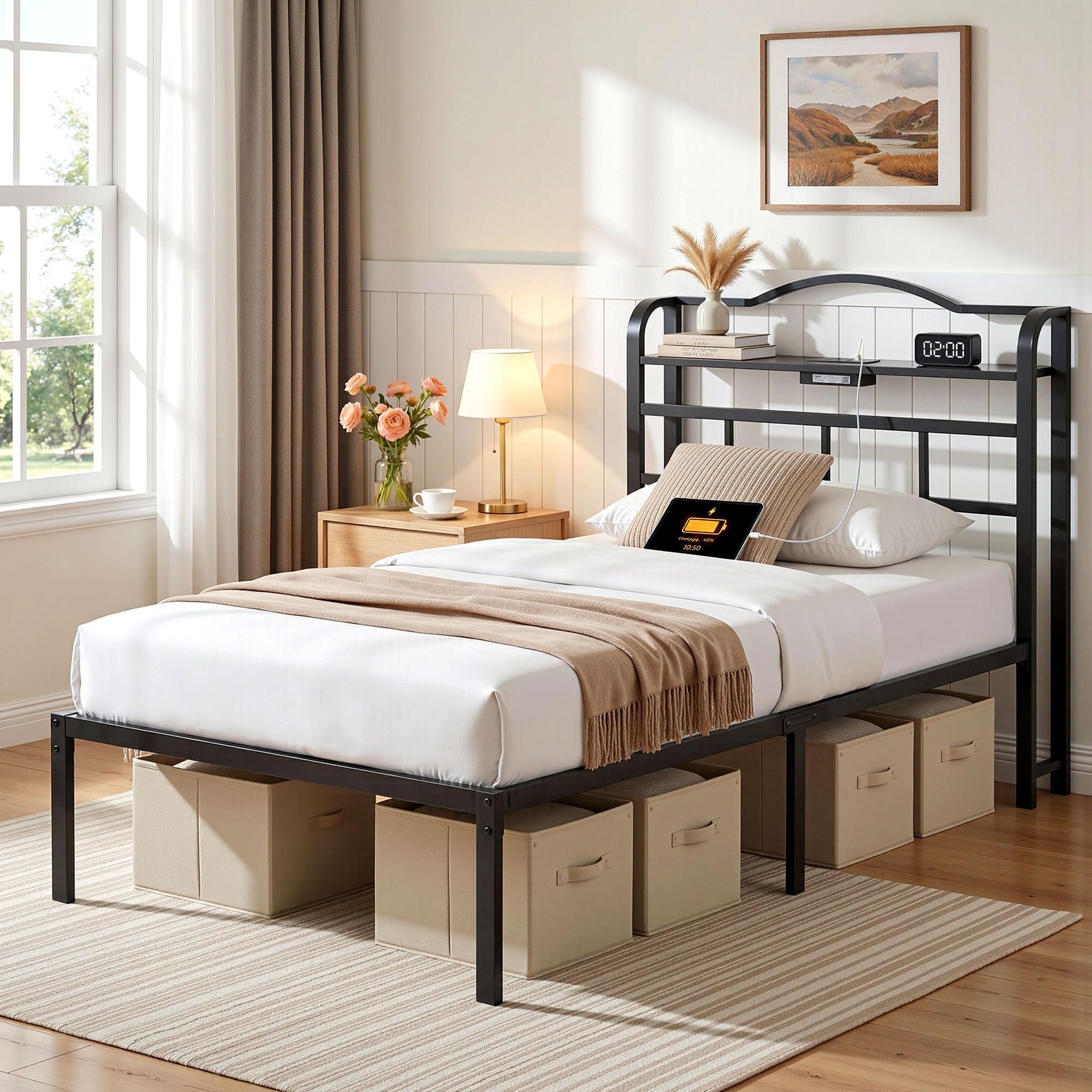 Artiss Bed Frame Single Size with Charging Station WAVE