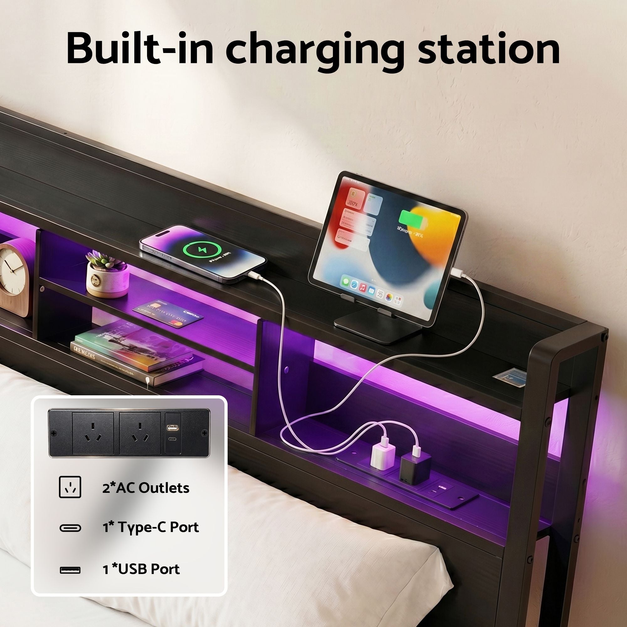 Artiss Bed Frame King with Charging Station Storage Organizer Drawers LED ZAC