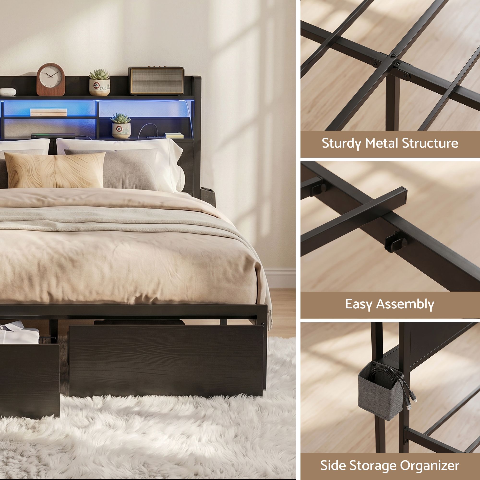 Artiss Bed Frame King with Charging Station Storage Organizer Drawers LED ZAC