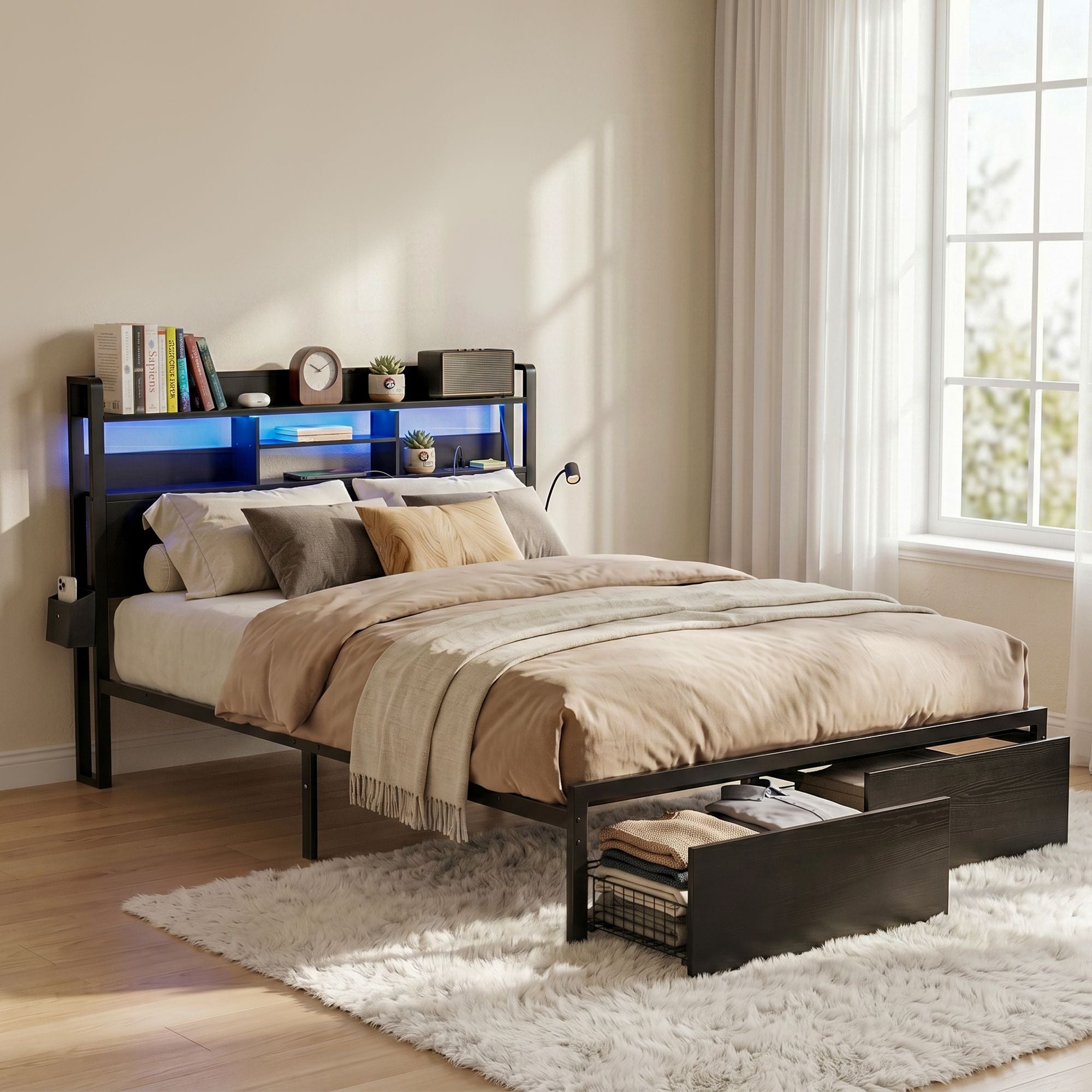 Artiss Bed Frame Queen with Charging Station Storage Organizer Drawers LED ZAC