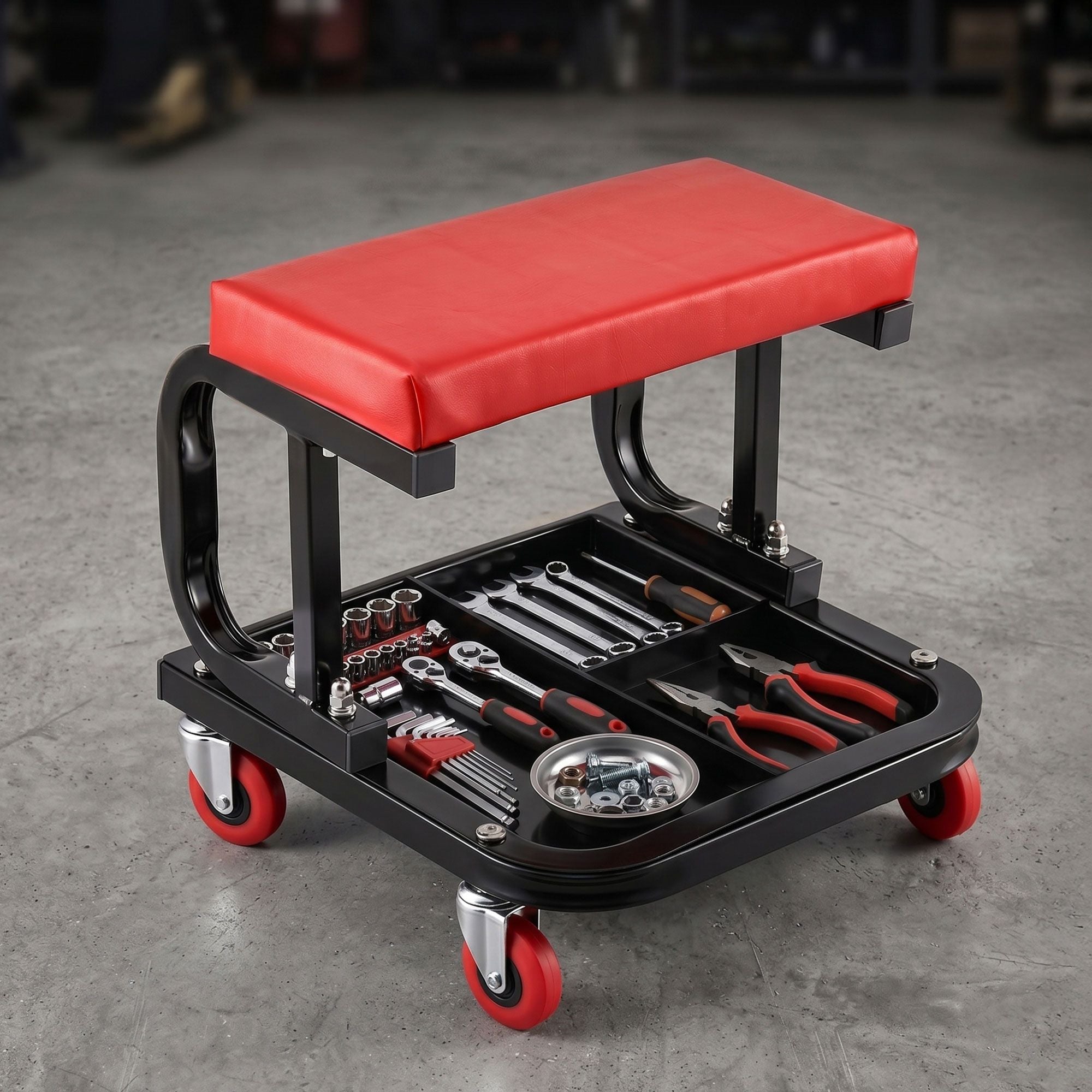 Giantz Creeper Seat Rolling Mechanic Stool with Tool Tray Heavy Duty 36x36cm