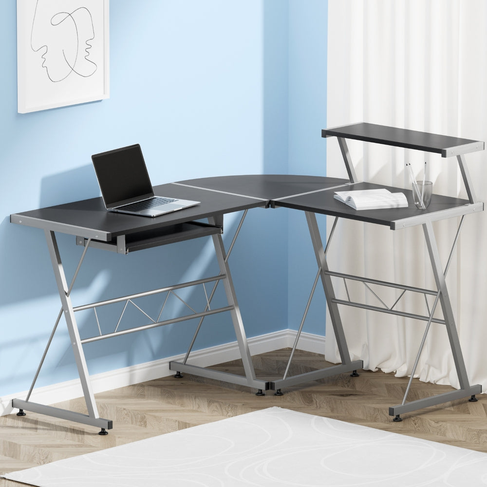 Desks: Artiss Computer Desk L-Shape Keyboard Tray Shelf Black