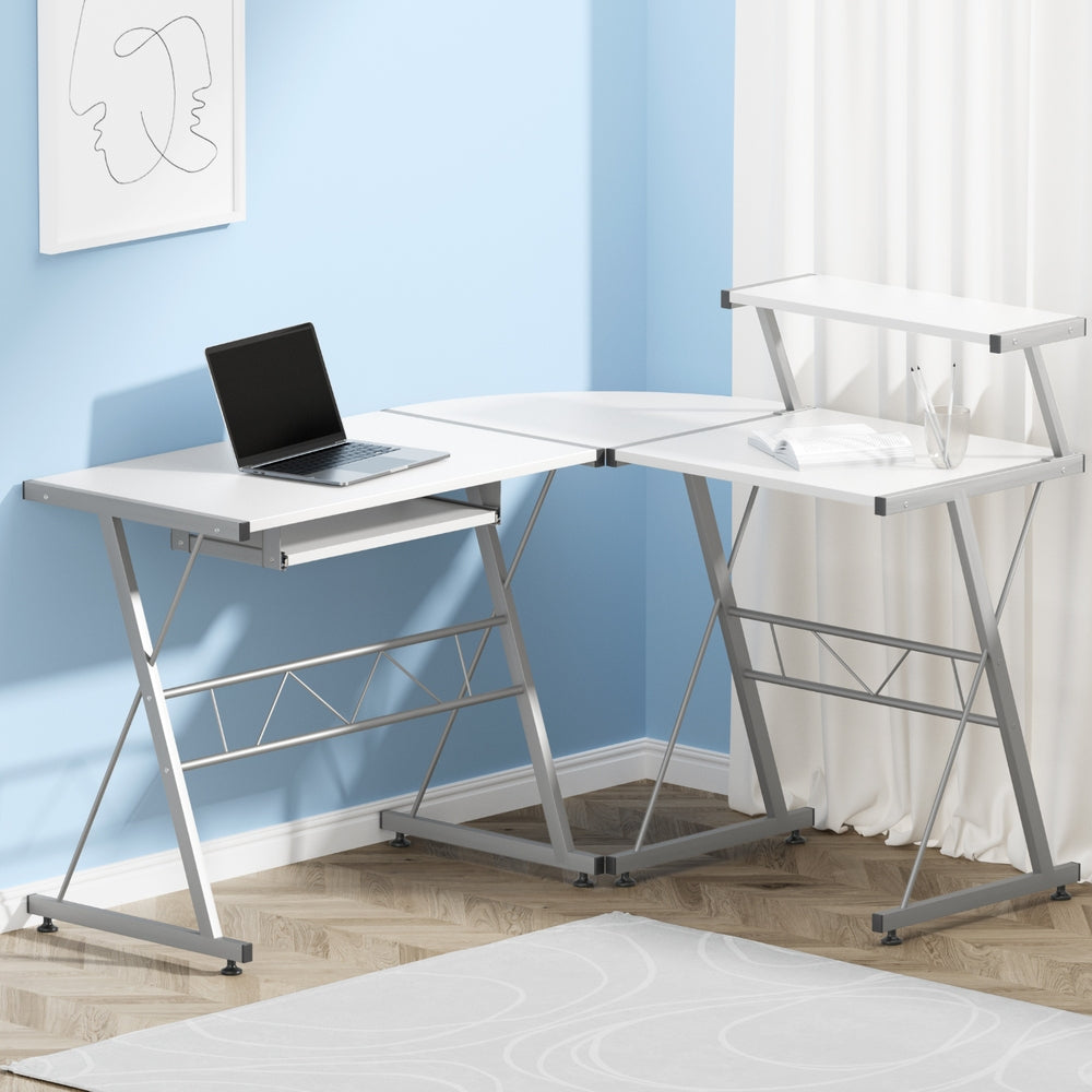 Desks: Artiss Computer Desk L-Shape Keyboard Tray Shelf White