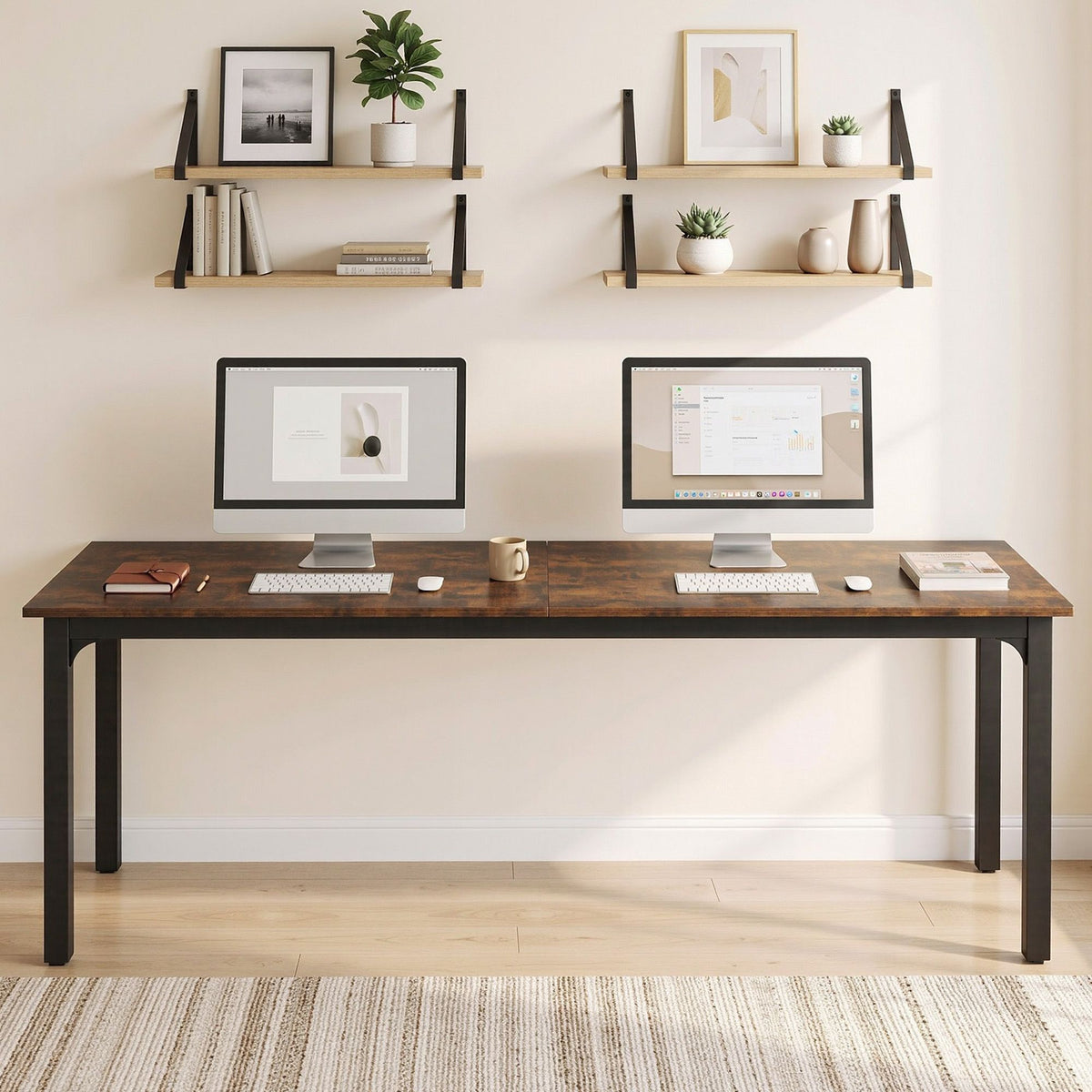 Artiss Computer Desk 2 Person Double Workstation Study Table Rustic Brown 200cm