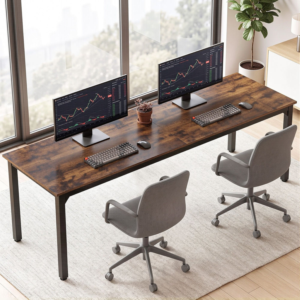 Artiss Computer Desk 2 Person Double Workstation Study Table Rustic Brown 200cm