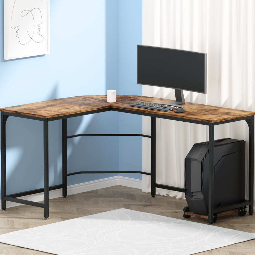 Desks: Artiss Computer Desk L-Shape CPU Stand Brown 147CM