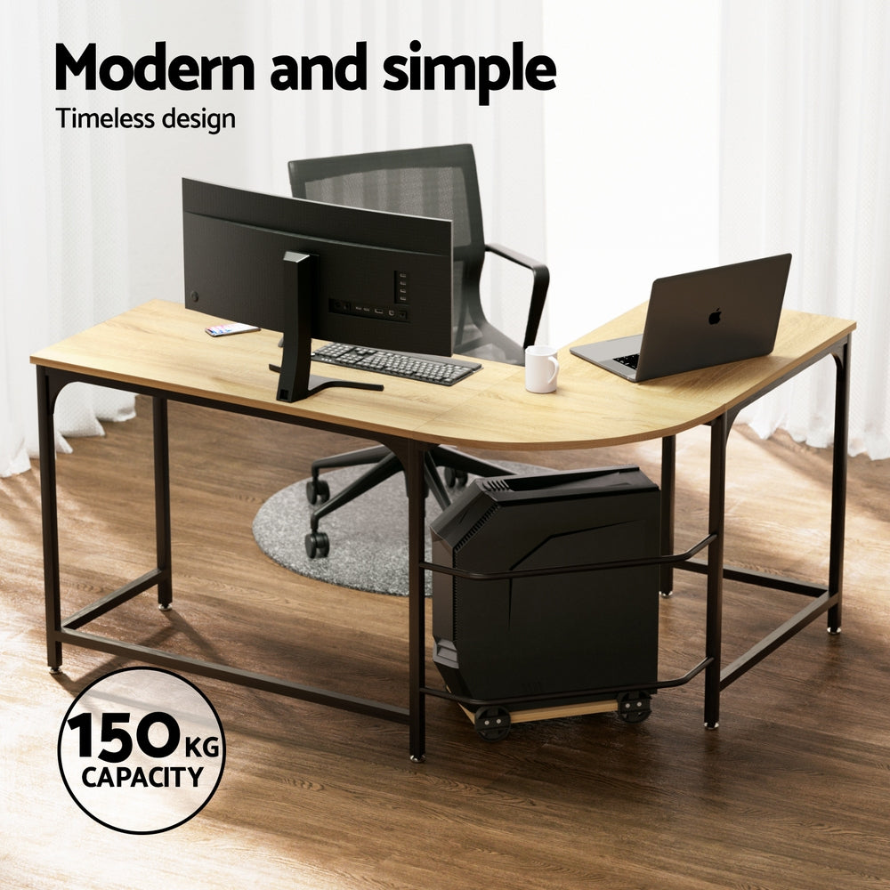 Desks: Artiss Computer Desk L-Shape CPU Stand Oak 147CM