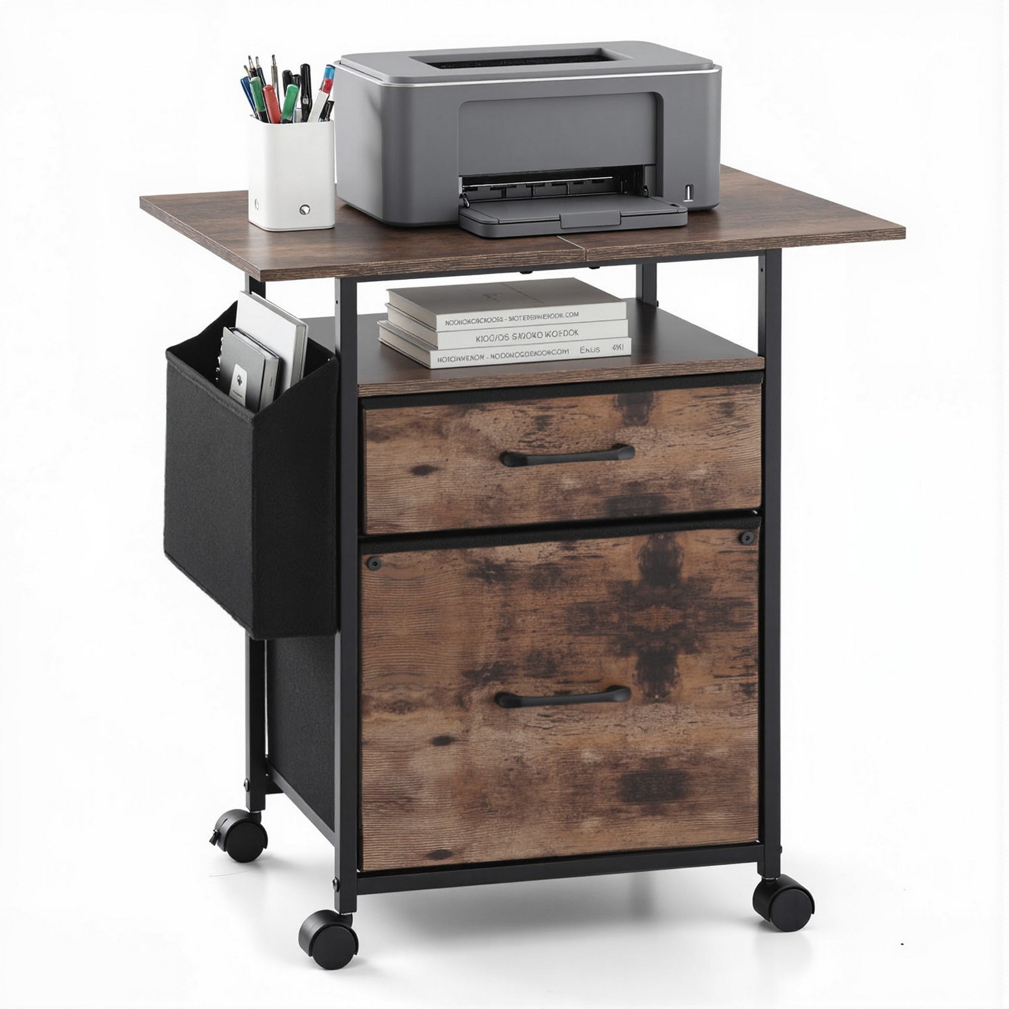 Artiss 2 Fabric Drawer File Cabinet Printer Stand Rolling File Cabinet with Side Bag