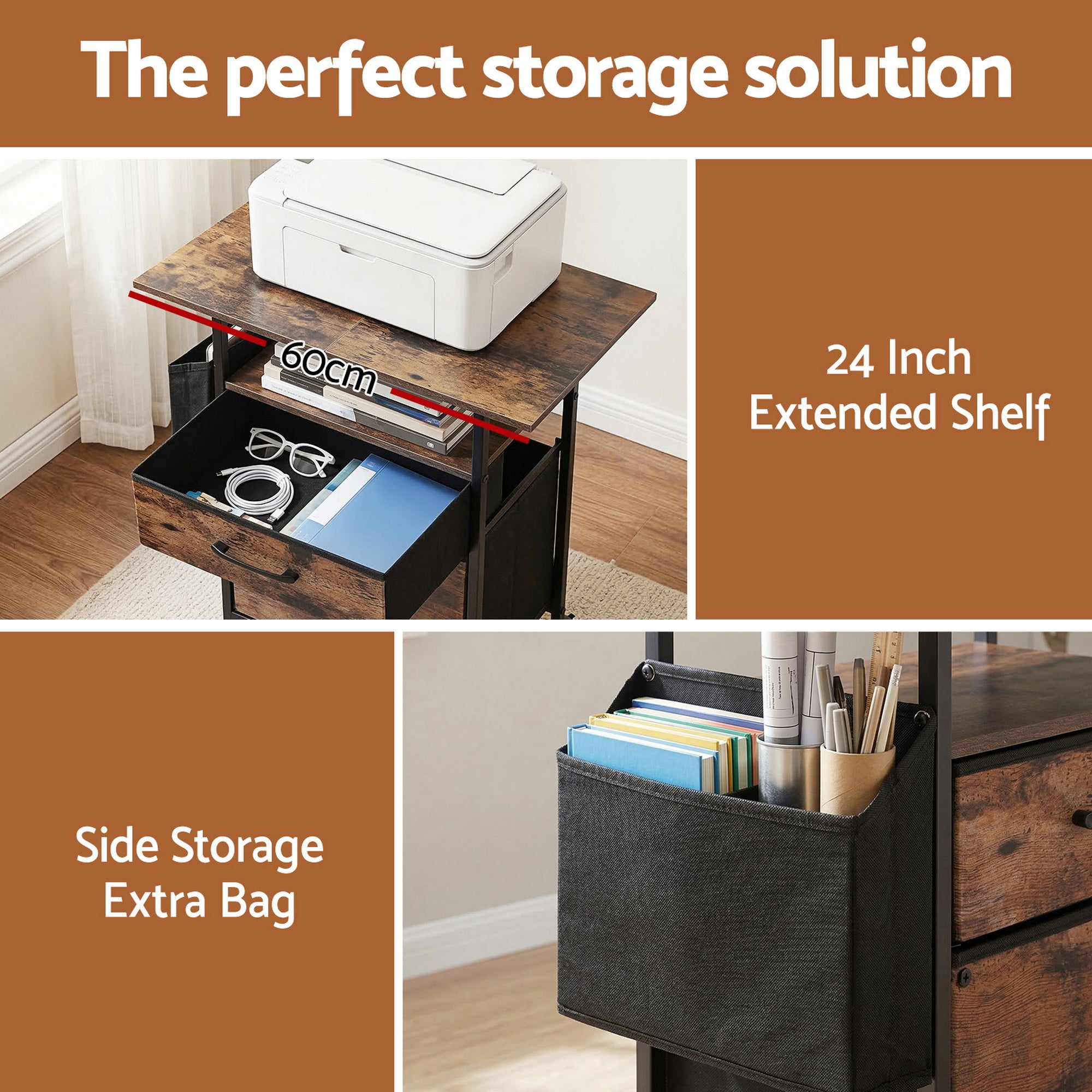Artiss 2 Fabric Drawer File Cabinet Printer Stand Rolling File Cabinet with Side Bag