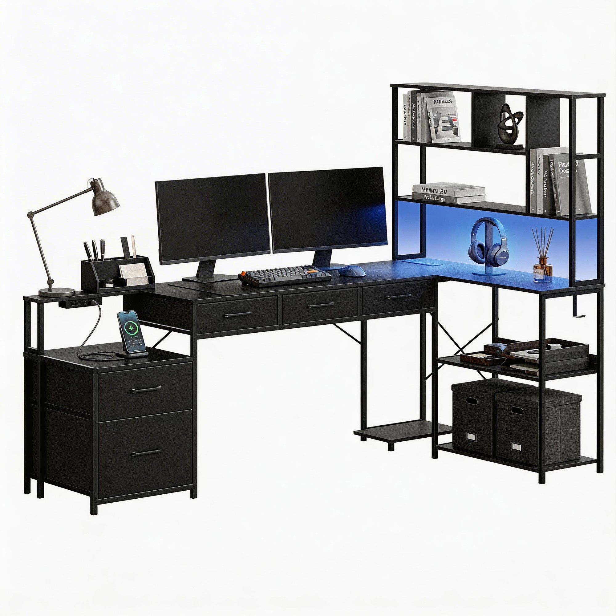 Artiss 200cm L Shaped Gaming Desk Computer Desk with LED Lights & Power Outlets