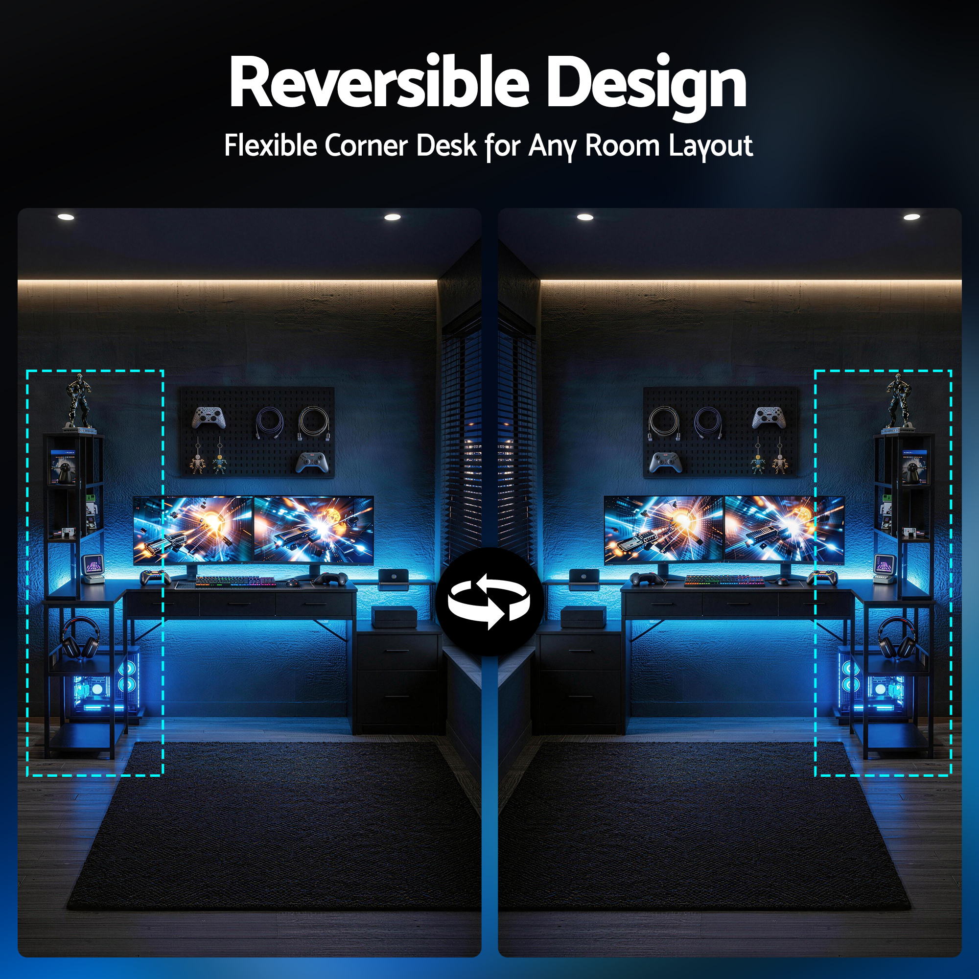 Artiss 200cm L Shaped Gaming Desk Computer Desk with LED Lights & Power Outlets