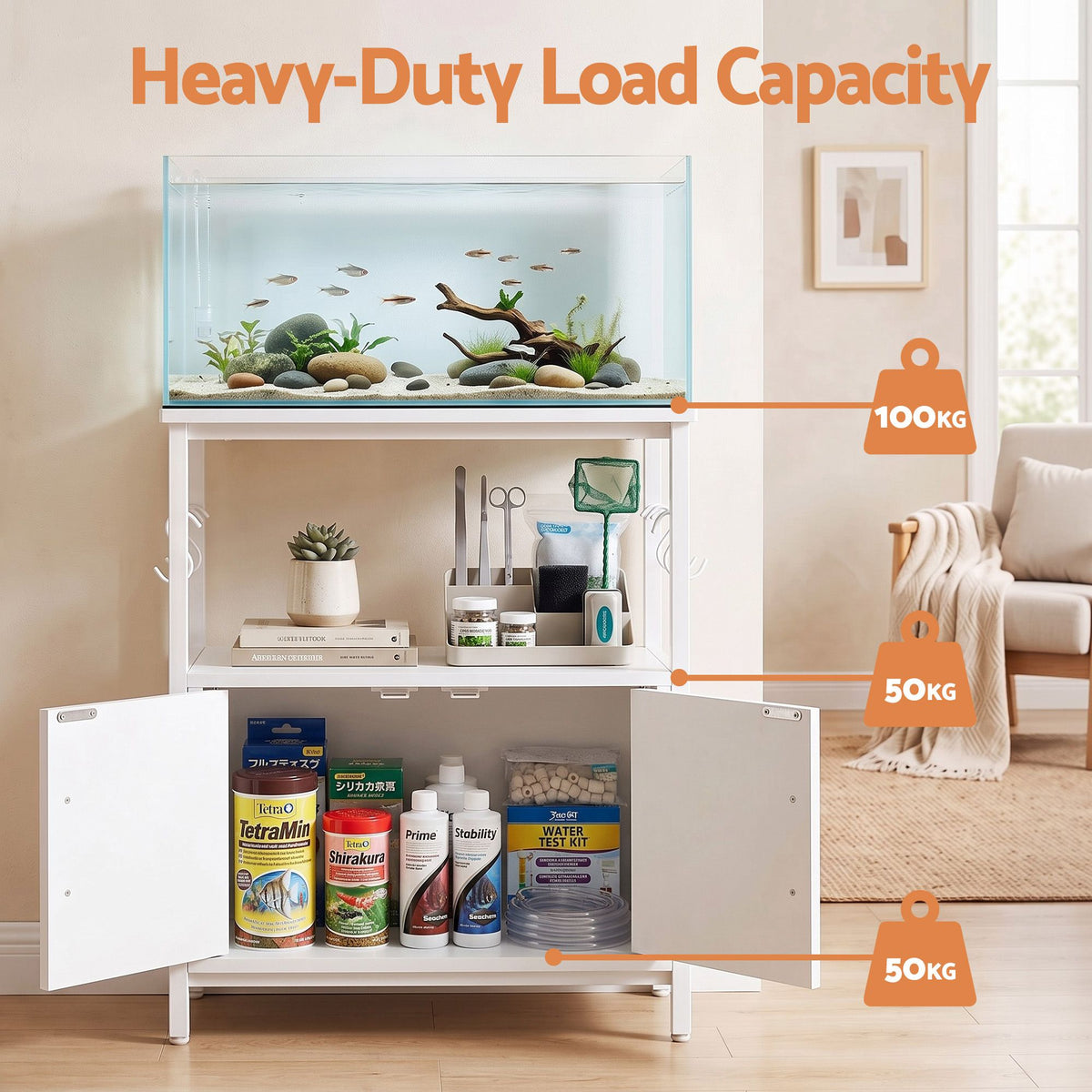 Artiss 20 Gallon Fish Tank Stand 3-Tier Aquarium Stand with Storage Cabinet and Open Shelf White
