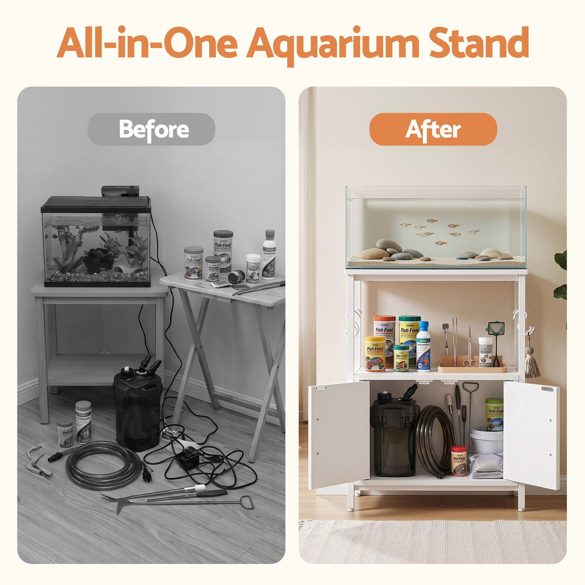 Artiss 20 Gallon Fish Tank Stand 3-Tier Aquarium Stand with Storage Cabinet and Open Shelf White