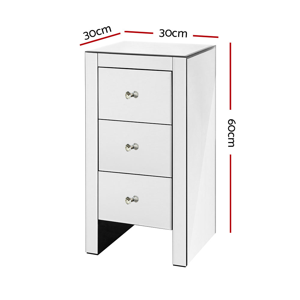 Bedside Tables: Artiss Bedside Table 3 Drawers Mirrored - QUENN Silver