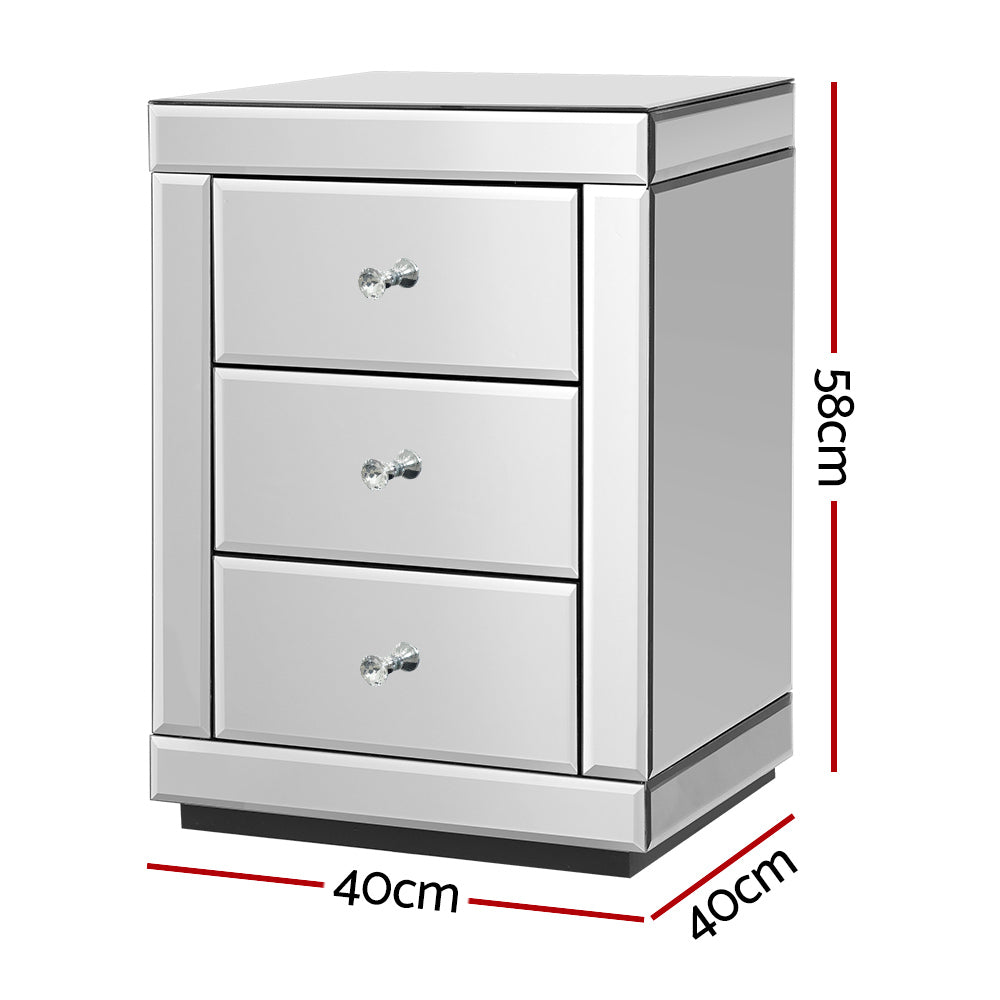 Bedside Tables: Artiss Bedside Table 3 Drawers Mirrored - PRESIA Silver