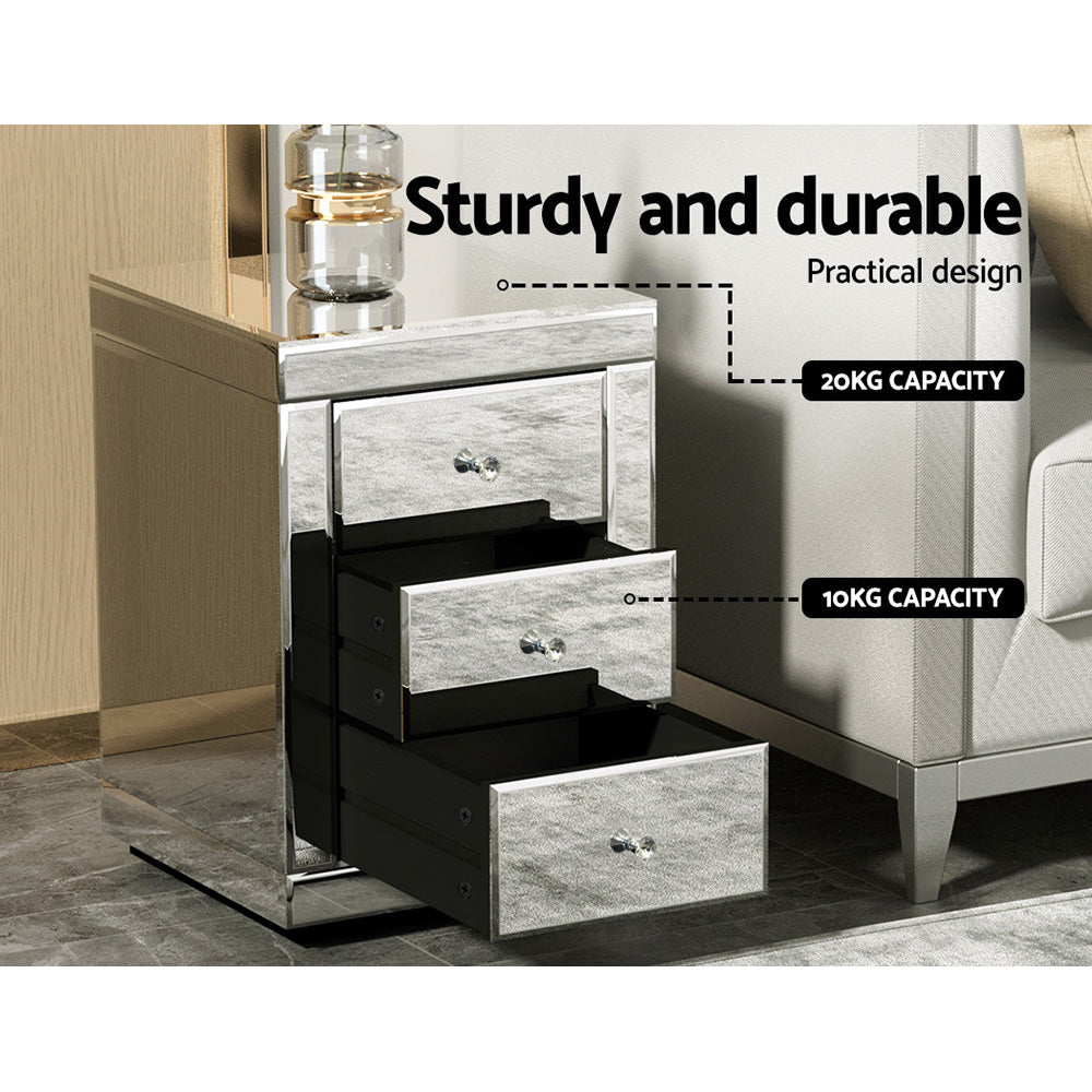 Bedside Tables: Artiss Bedside Table 3 Drawers Mirrored - PRESIA Silver