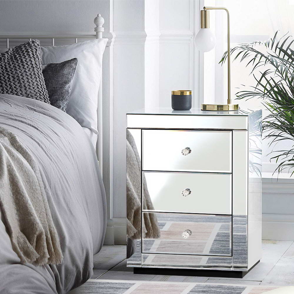 Bedside Tables: Artiss Bedside Table 3 Drawers Mirrored - PRESIA Silver