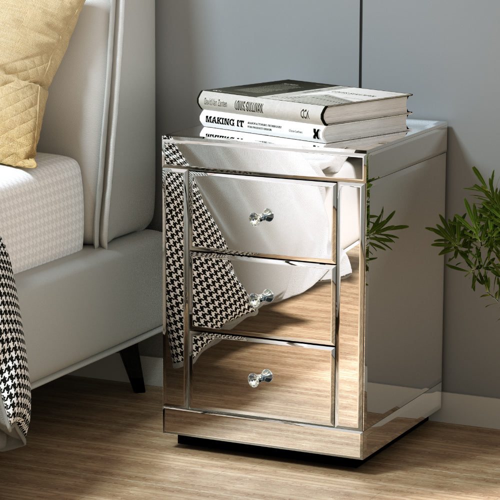 Bedside Tables: Artiss Bedside Table 3 Drawers Mirrored - PRESIA Silver