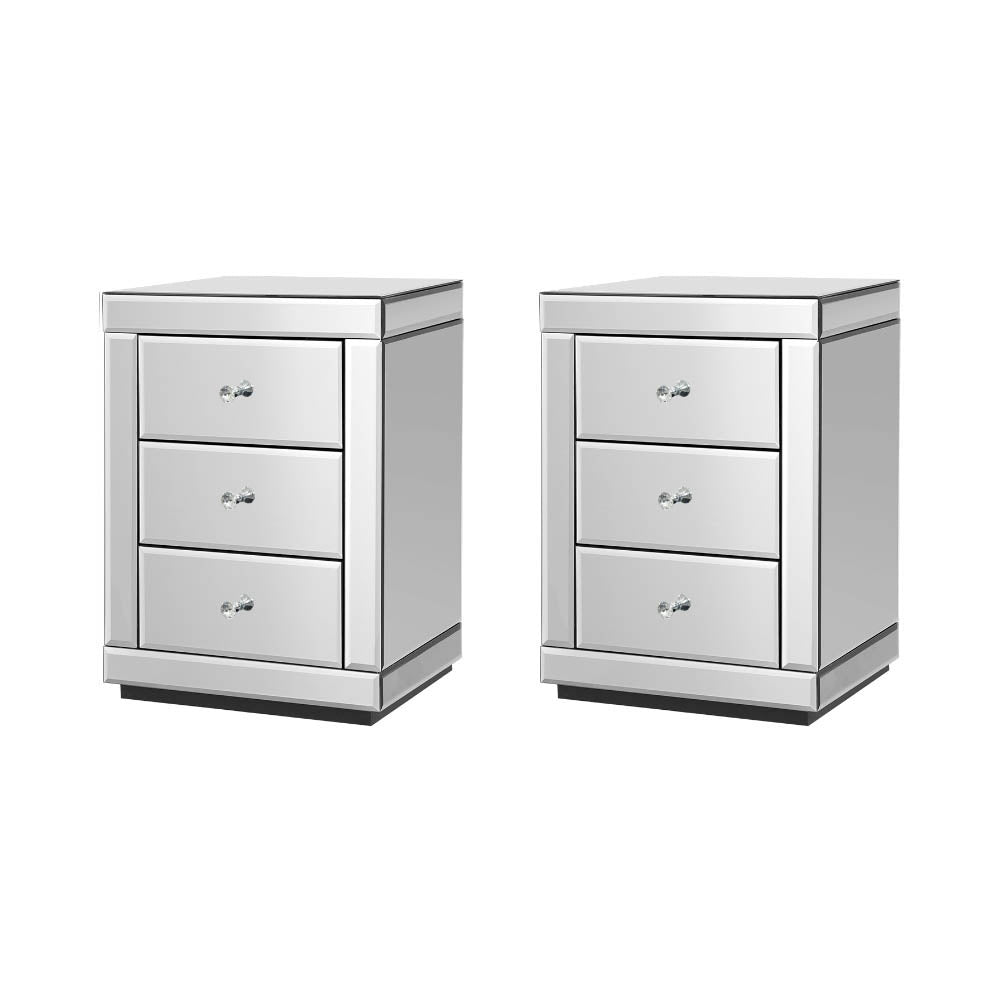 Bedside Tables: Artiss Set of 2 Bedside Table 3 Drawers Mirrored Glass - PRESIA Silver