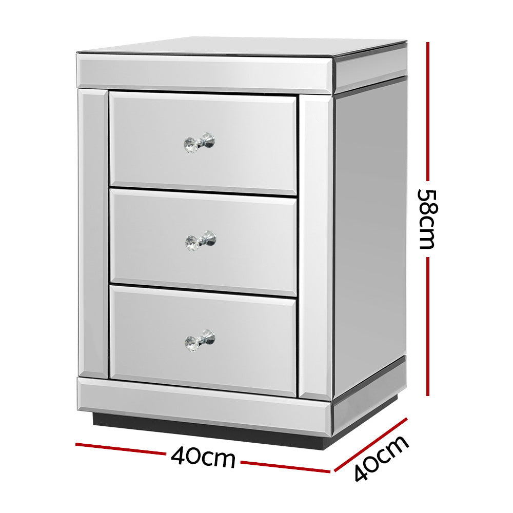 Bedside Tables: Artiss Set of 2 Bedside Table 3 Drawers Mirrored Glass - PRESIA Silver