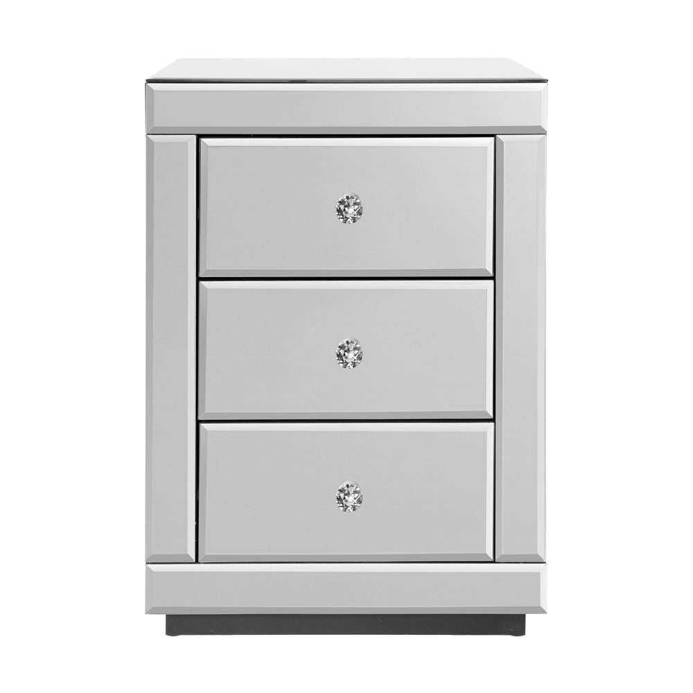 Bedside Tables: Artiss Set of 2 Bedside Table 3 Drawers Mirrored Glass - PRESIA Silver