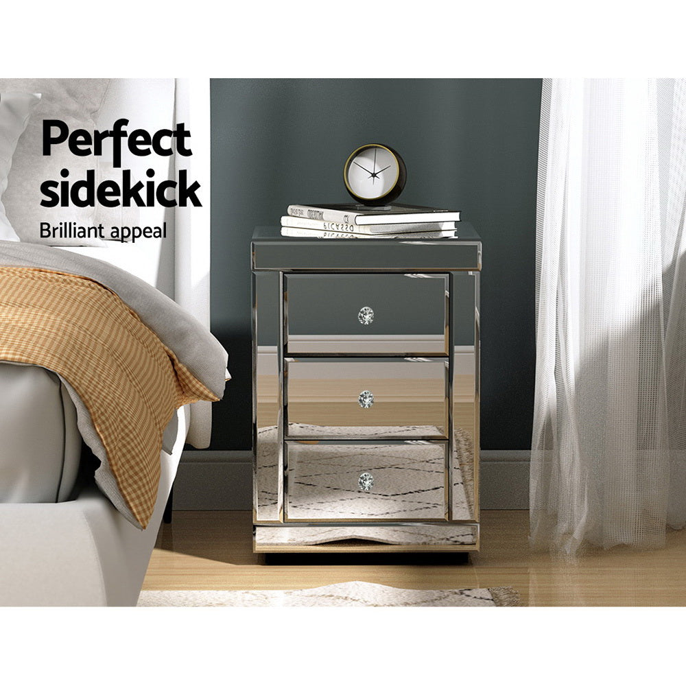 Bedside Tables: Artiss Set of 2 Bedside Table 3 Drawers Mirrored Glass - PRESIA Silver